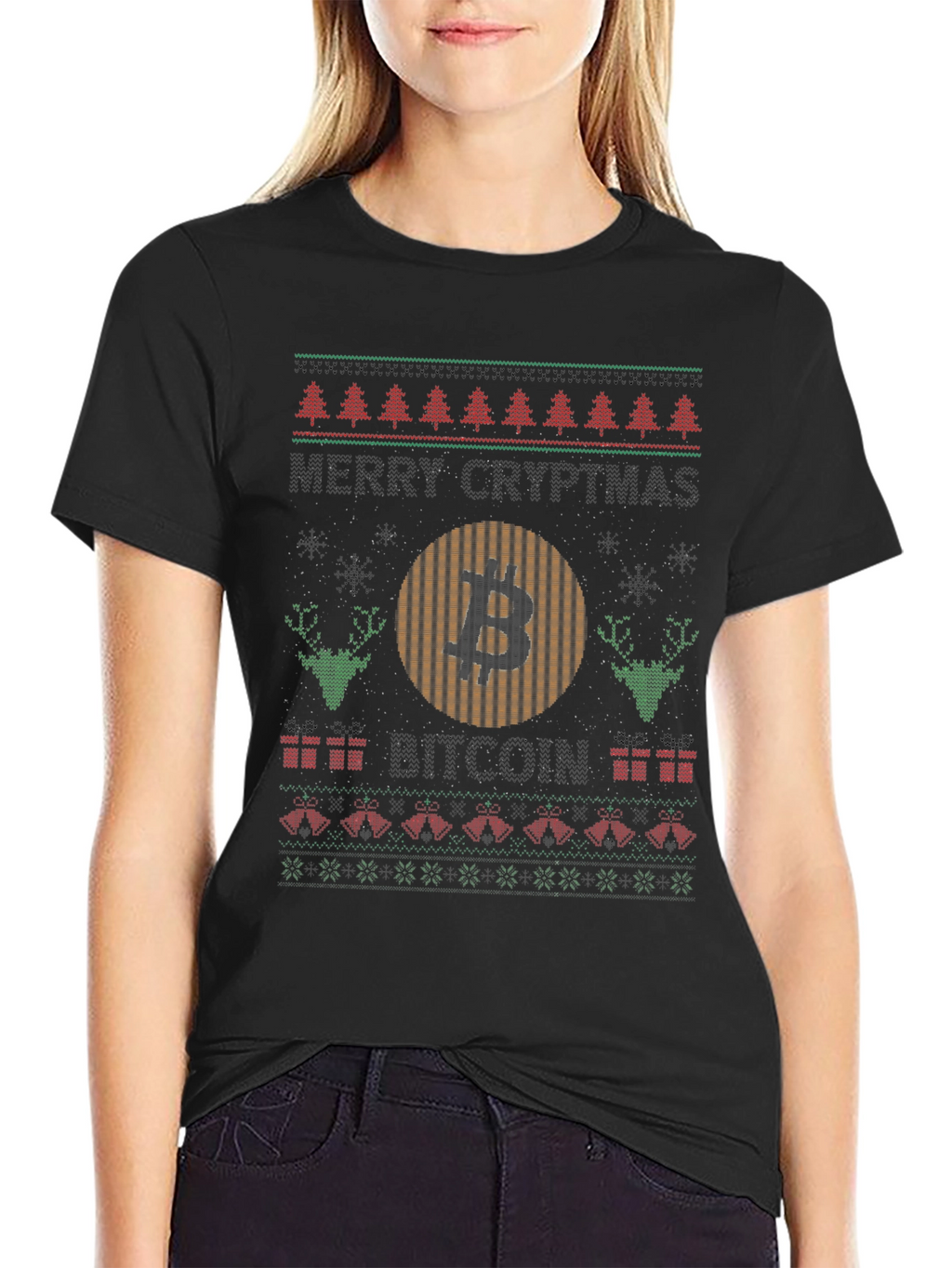 Bitcoin Christmas Sweater Style Graphic T-Shirt