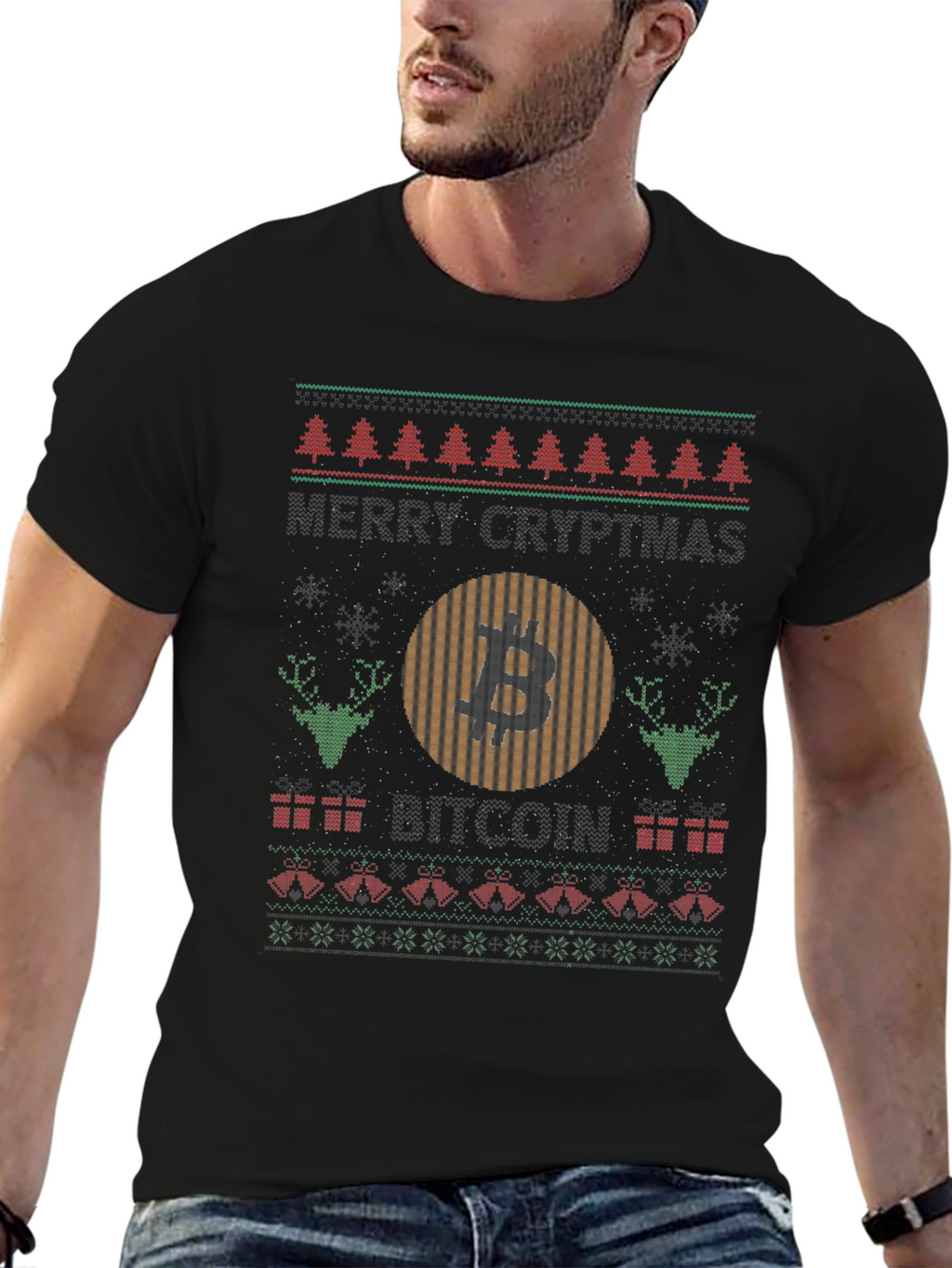 Bitcoin Christmas Sweater Style Graphic T-Shirt