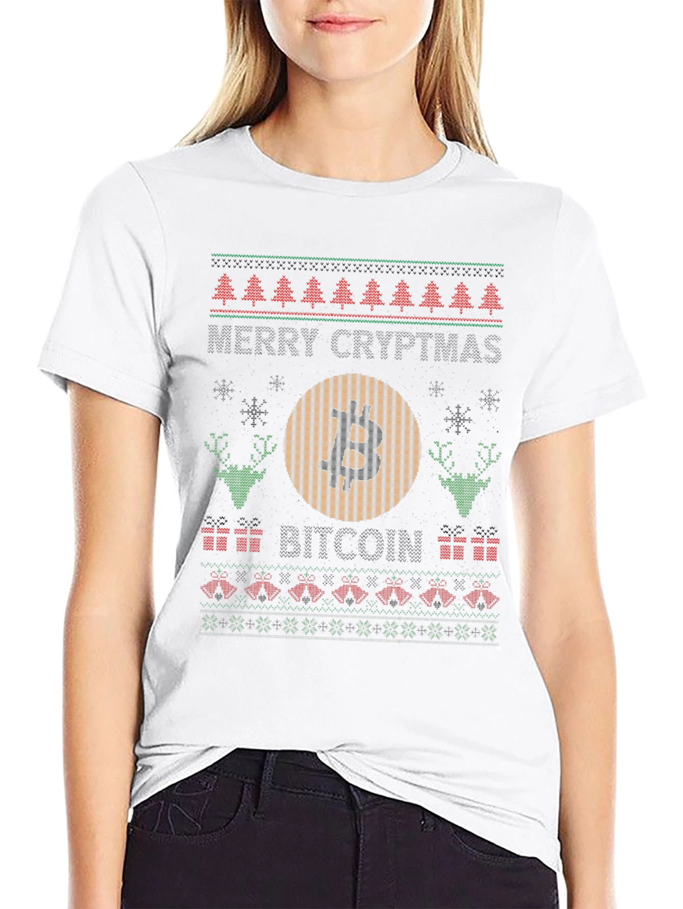 Bitcoin Christmas Sweater Style Graphic T-Shirt