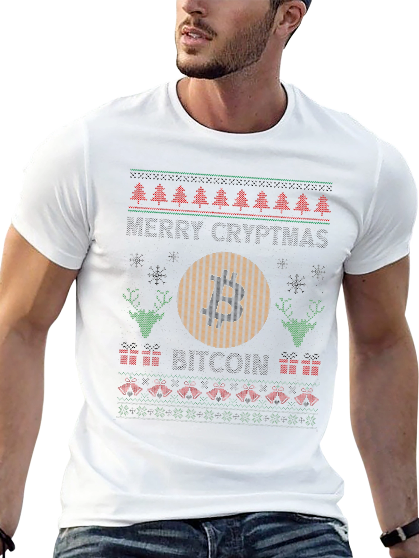 Bitcoin Christmas Sweater Style Graphic T-Shirt