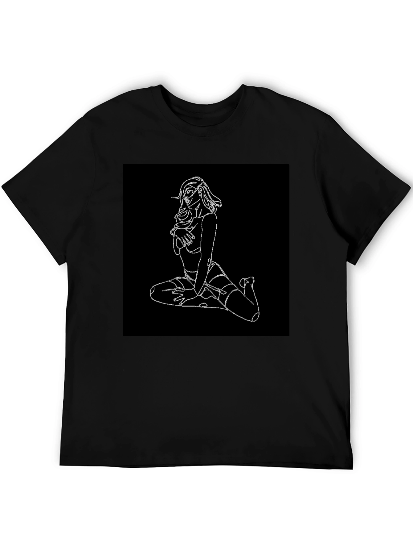 Edgy Line Art Graphic Tee - Black Cotton Blend Shirt