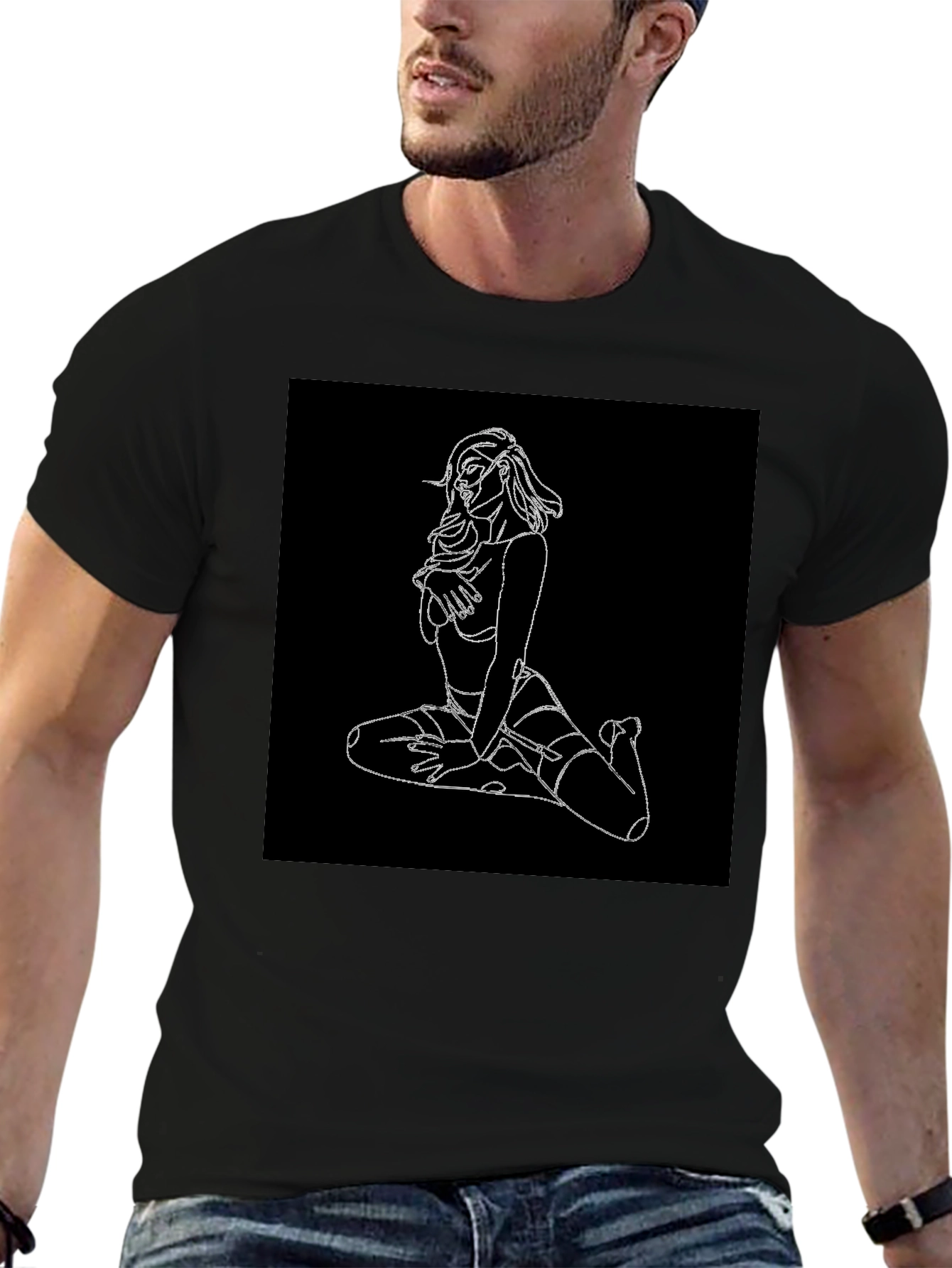 Edgy Line Art Graphic Tee - Black Cotton Blend Shirt
