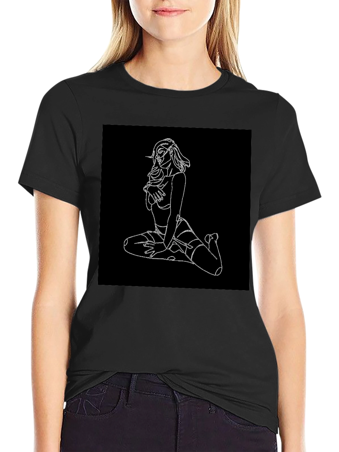 Edgy Line Art Graphic Tee - Black Cotton Blend Shirt