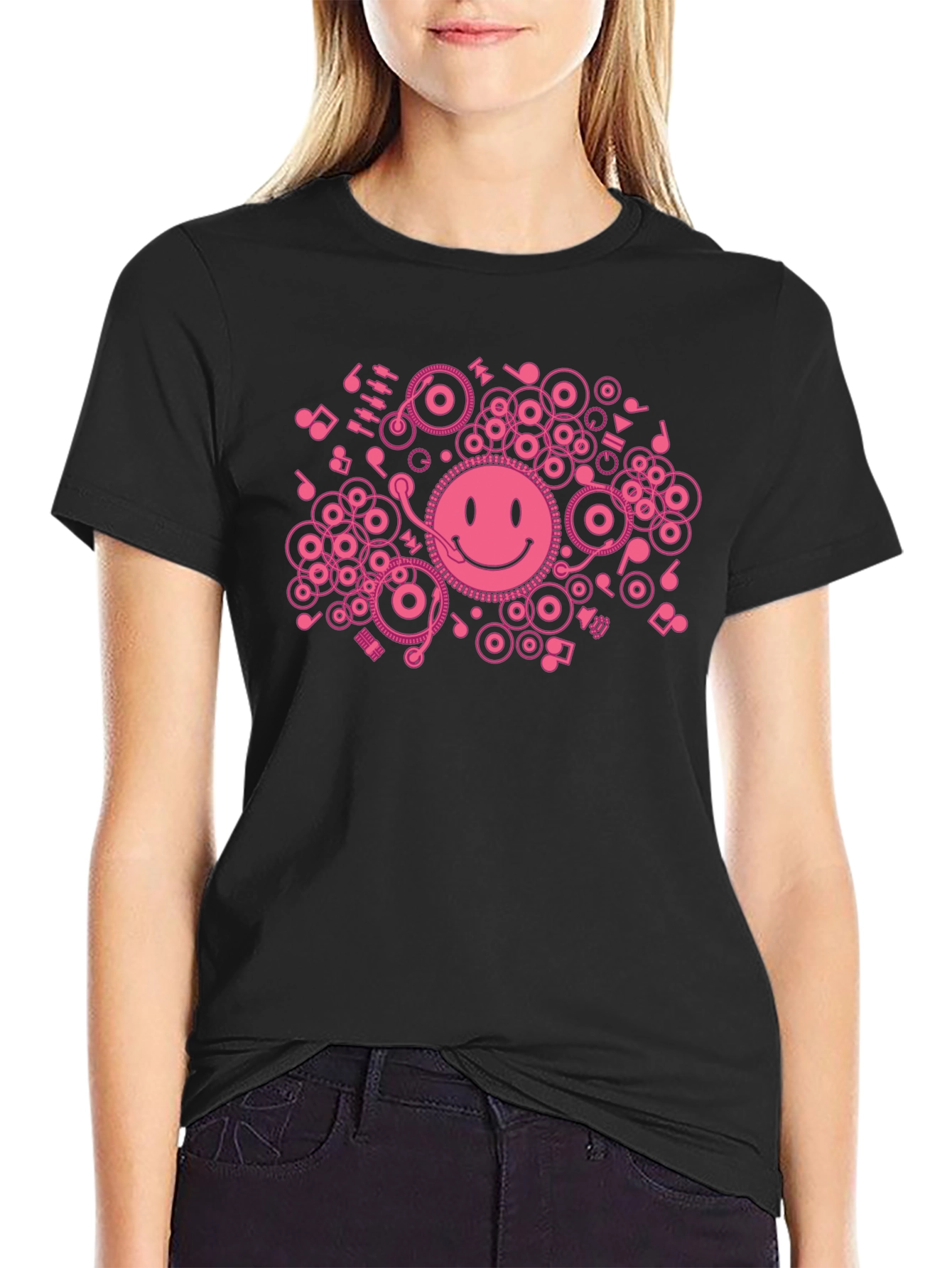 DJ Smiley Face T-Shirt - Black Cotton Graphic Tee