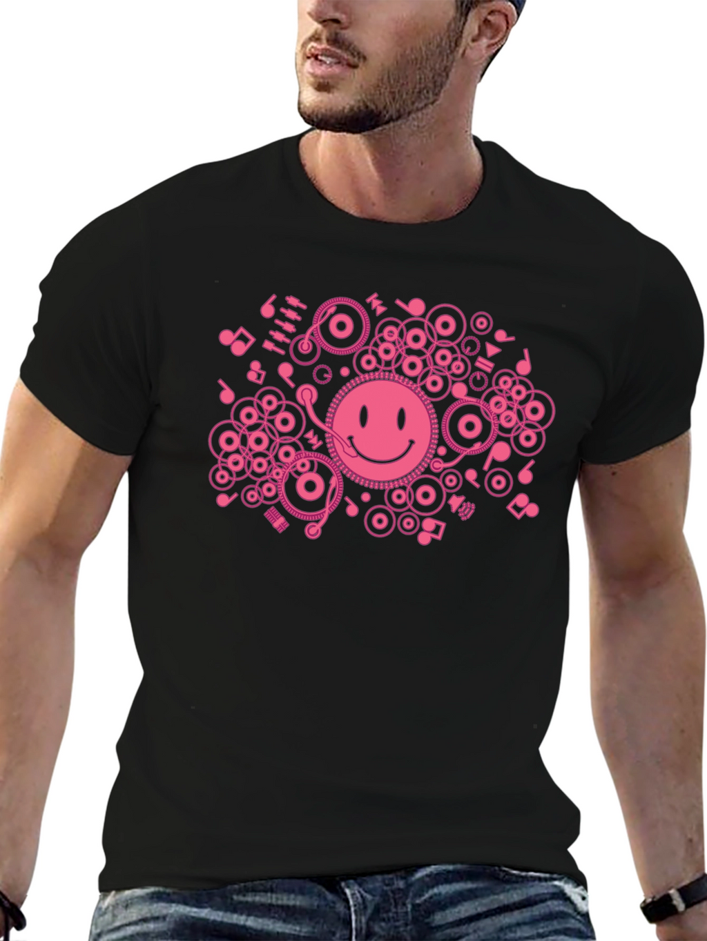 DJ Smiley Face T-Shirt - Black Cotton Graphic Tee