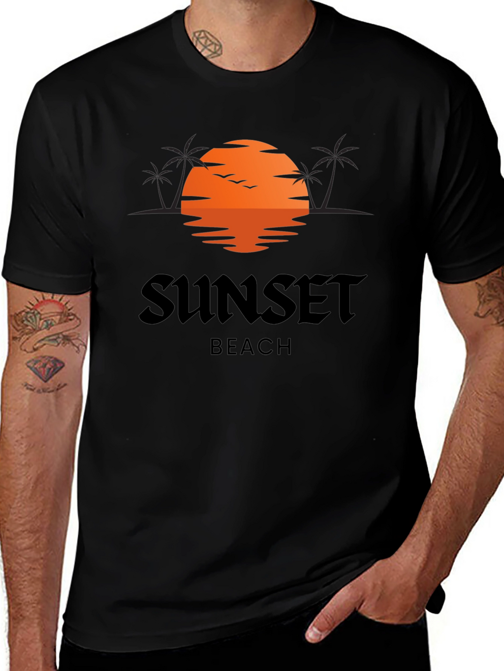 Sunset Beach Graphic Tee - Black Cotton T-Shirt