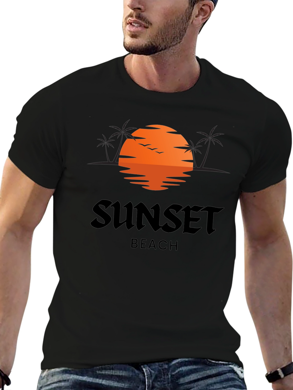 Sunset Beach Graphic Tee - Black Cotton T-Shirt