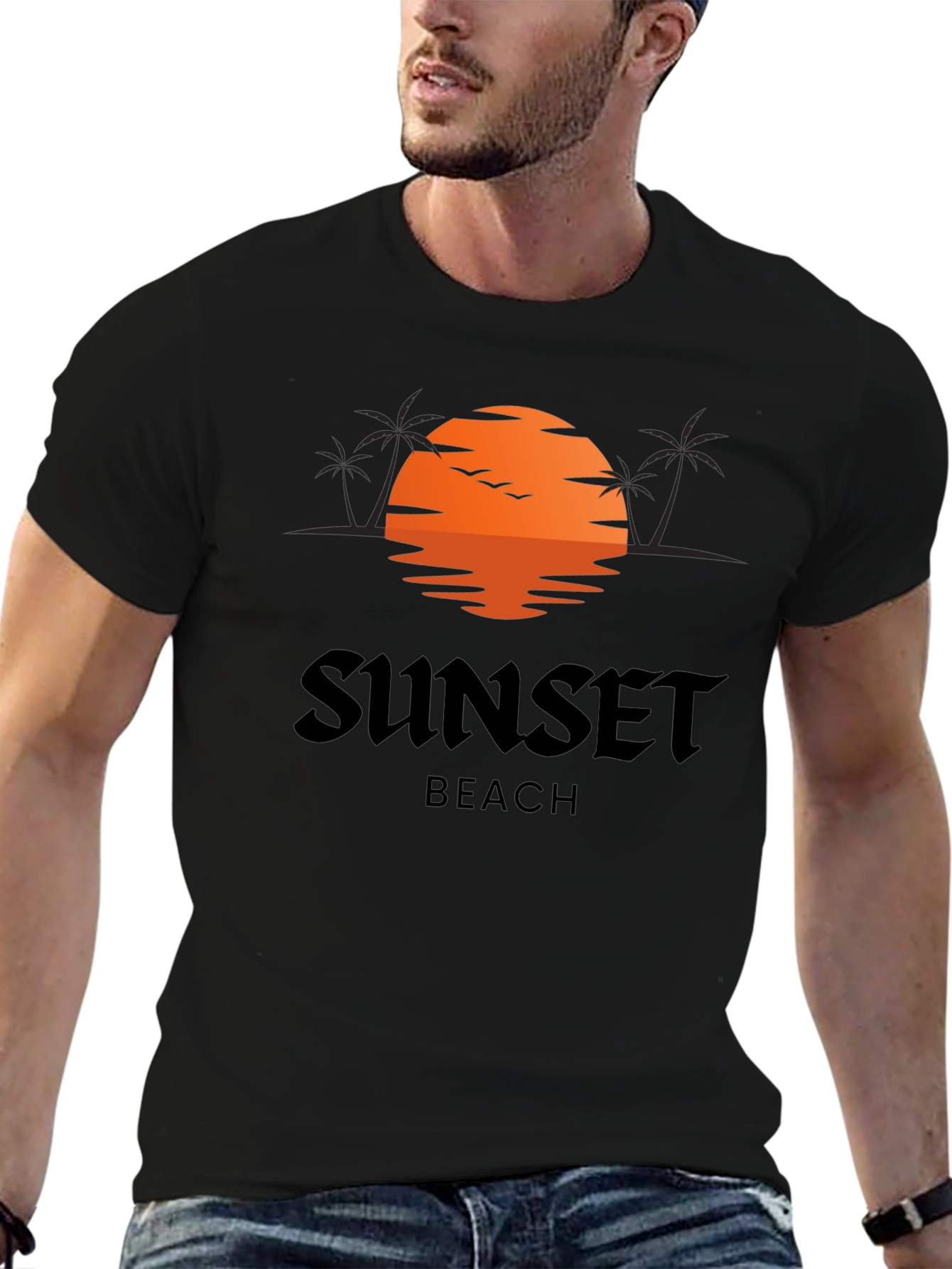Sunset Beach Graphic Tee - Black Cotton T-Shirt