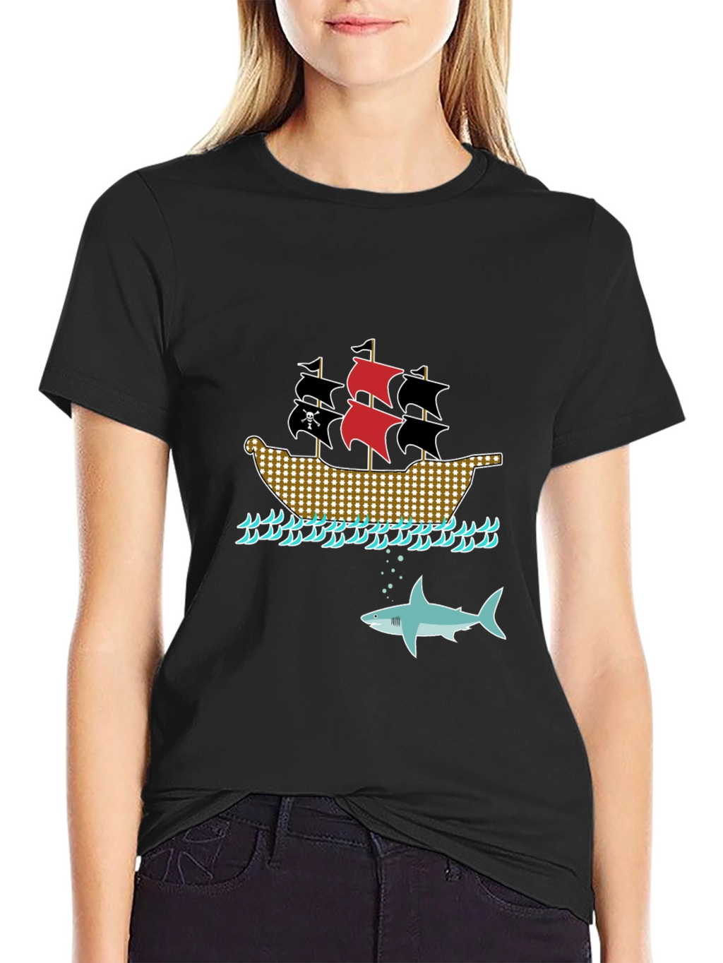 Pirate Ship & Shark Black T-Shirt