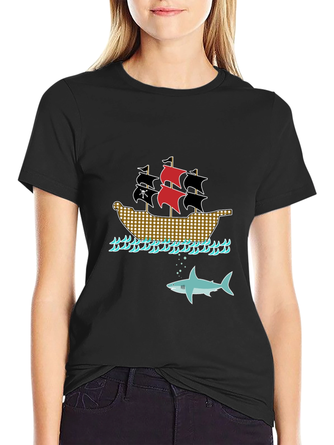 Pirate Ship & Shark Black T-Shirt