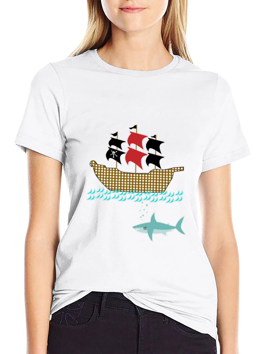 Pirate Ship & Shark Black T-Shirt