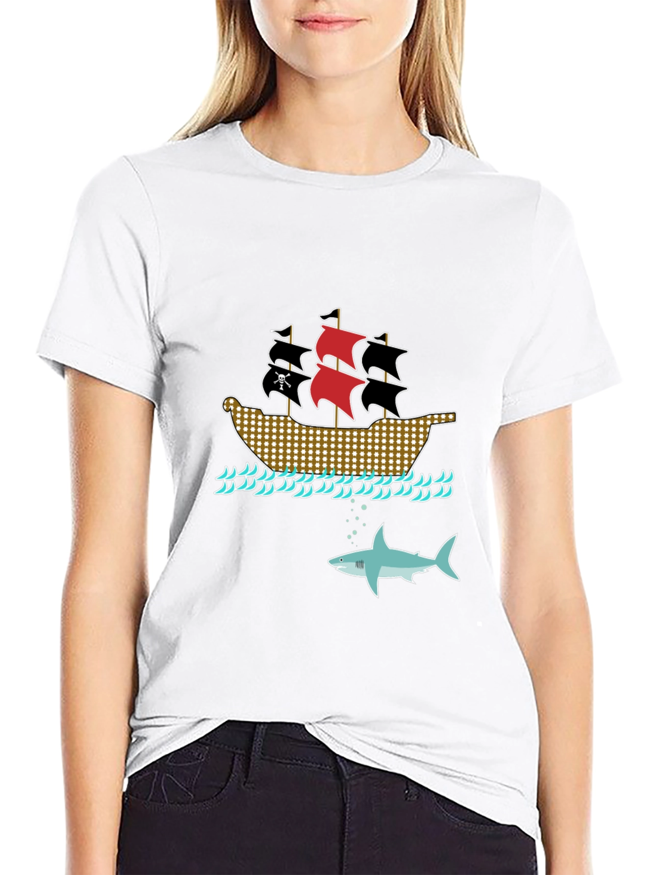 Pirate Ship & Shark Black T-Shirt