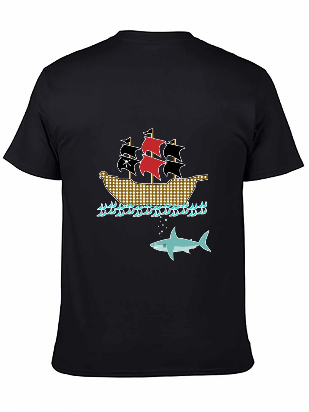 Pirate Ship & Shark Black T-Shirt