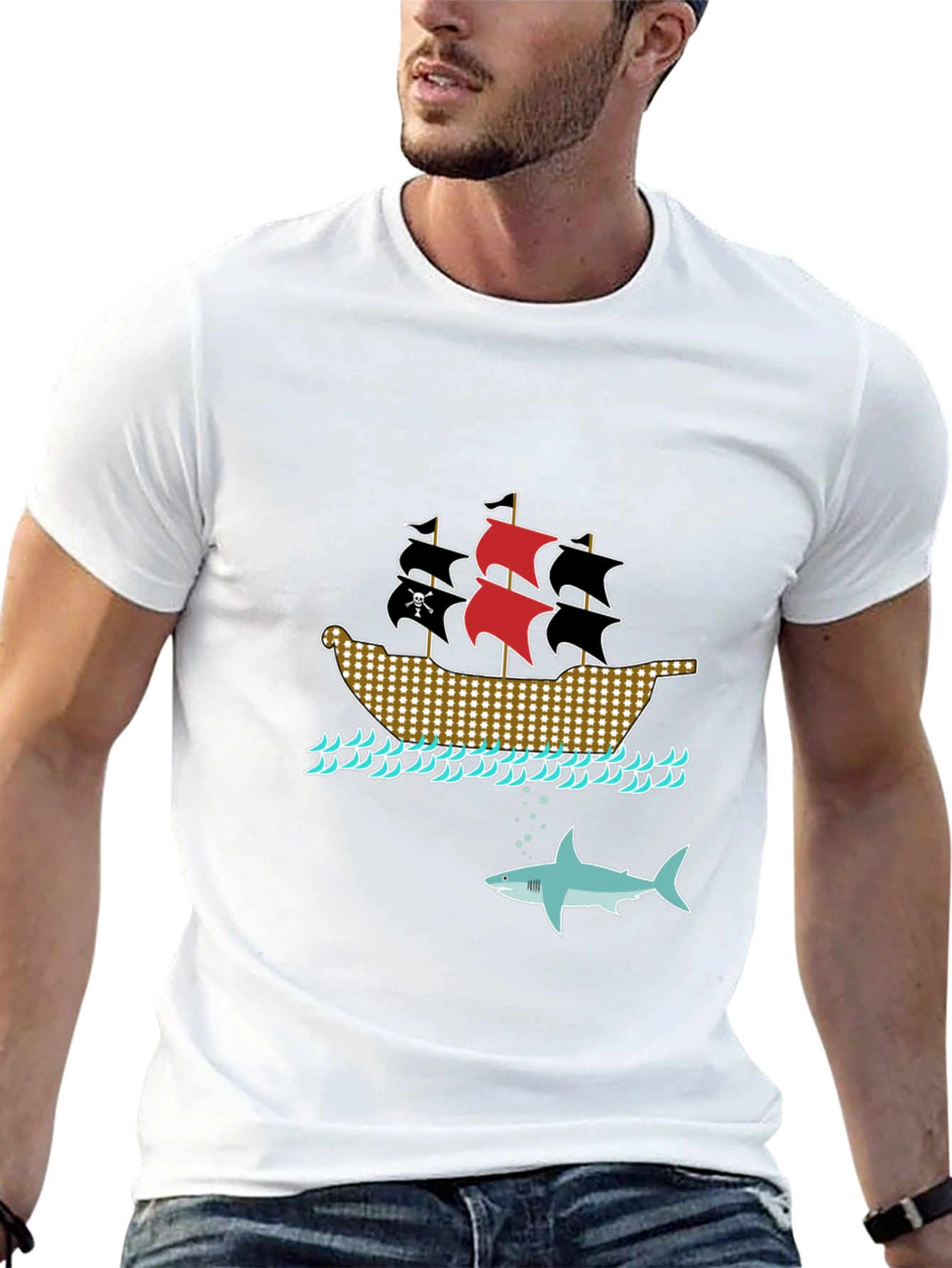 Pirate Ship & Shark Black T-Shirt