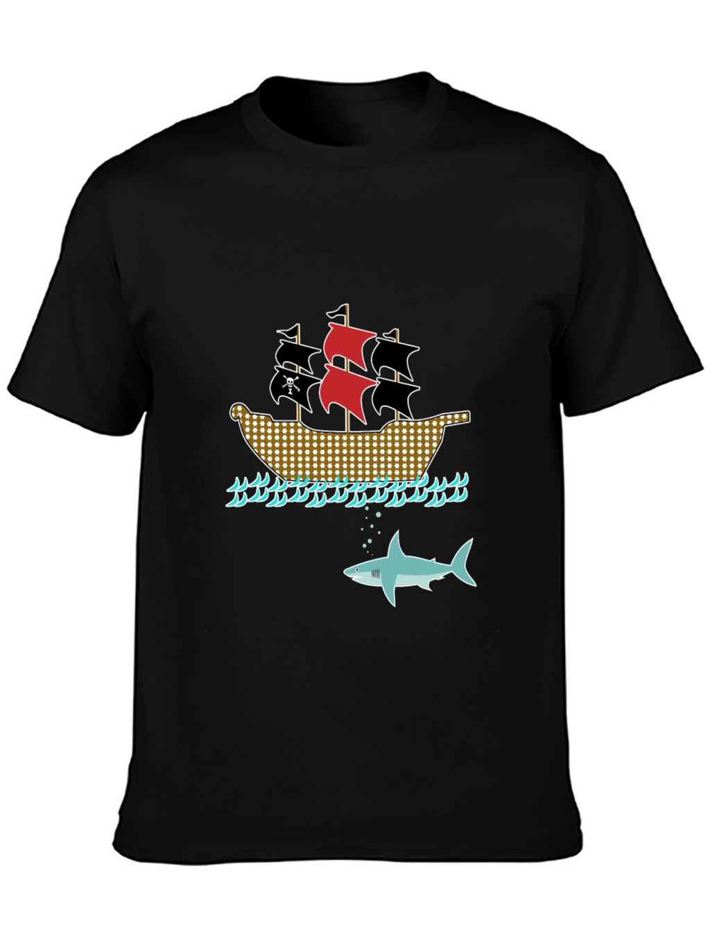 Pirate Ship & Shark Black T-Shirt