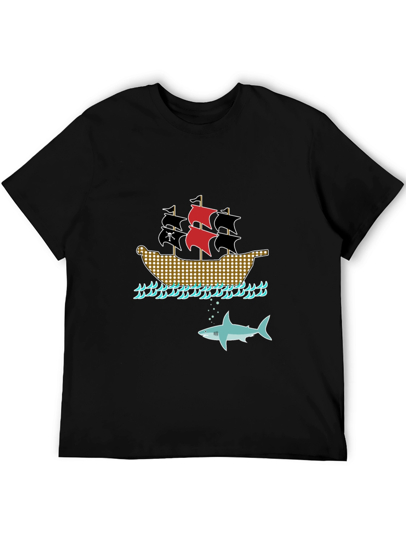 Pirate Ship & Shark Black T-Shirt