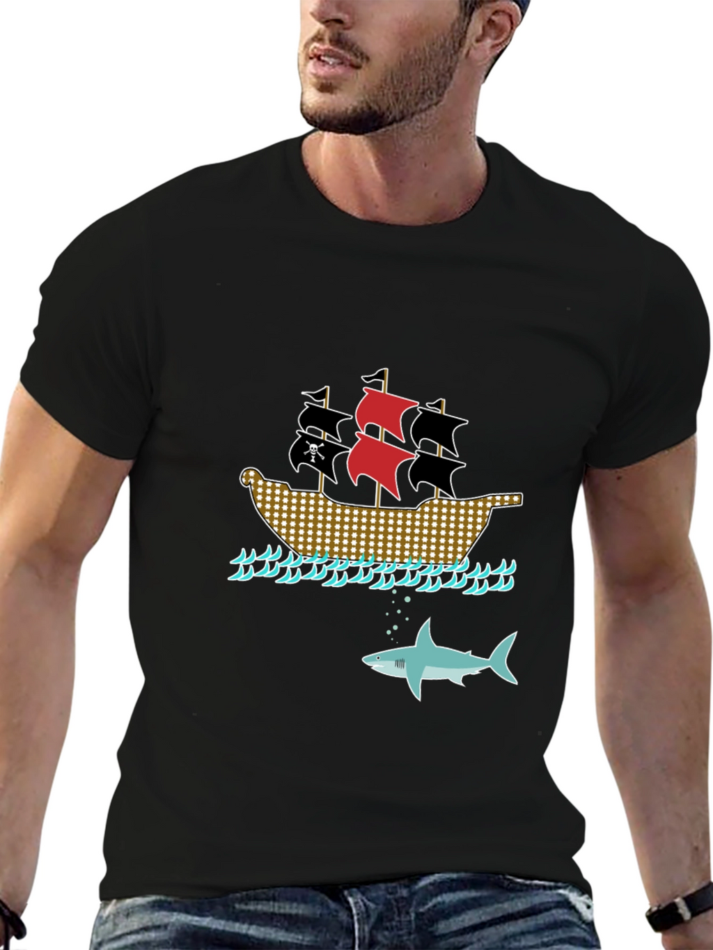 Pirate Ship & Shark Black T-Shirt