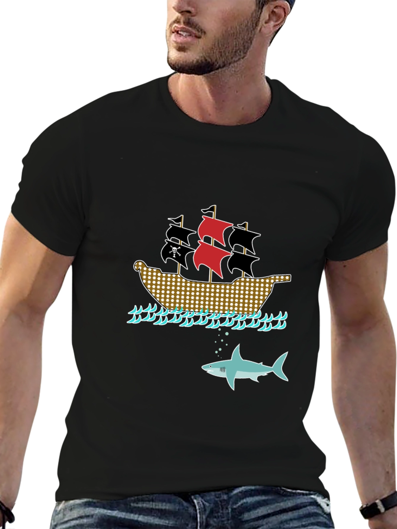 Pirate Ship & Shark Black T-Shirt