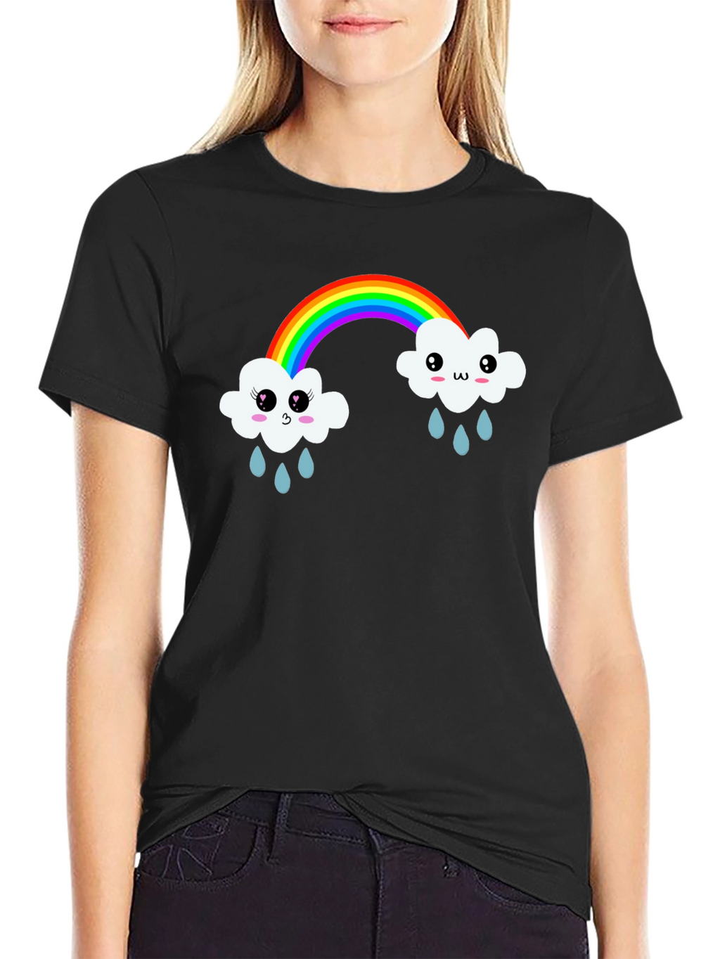 Kawaii Rainbow Cloud Black T-Shirt