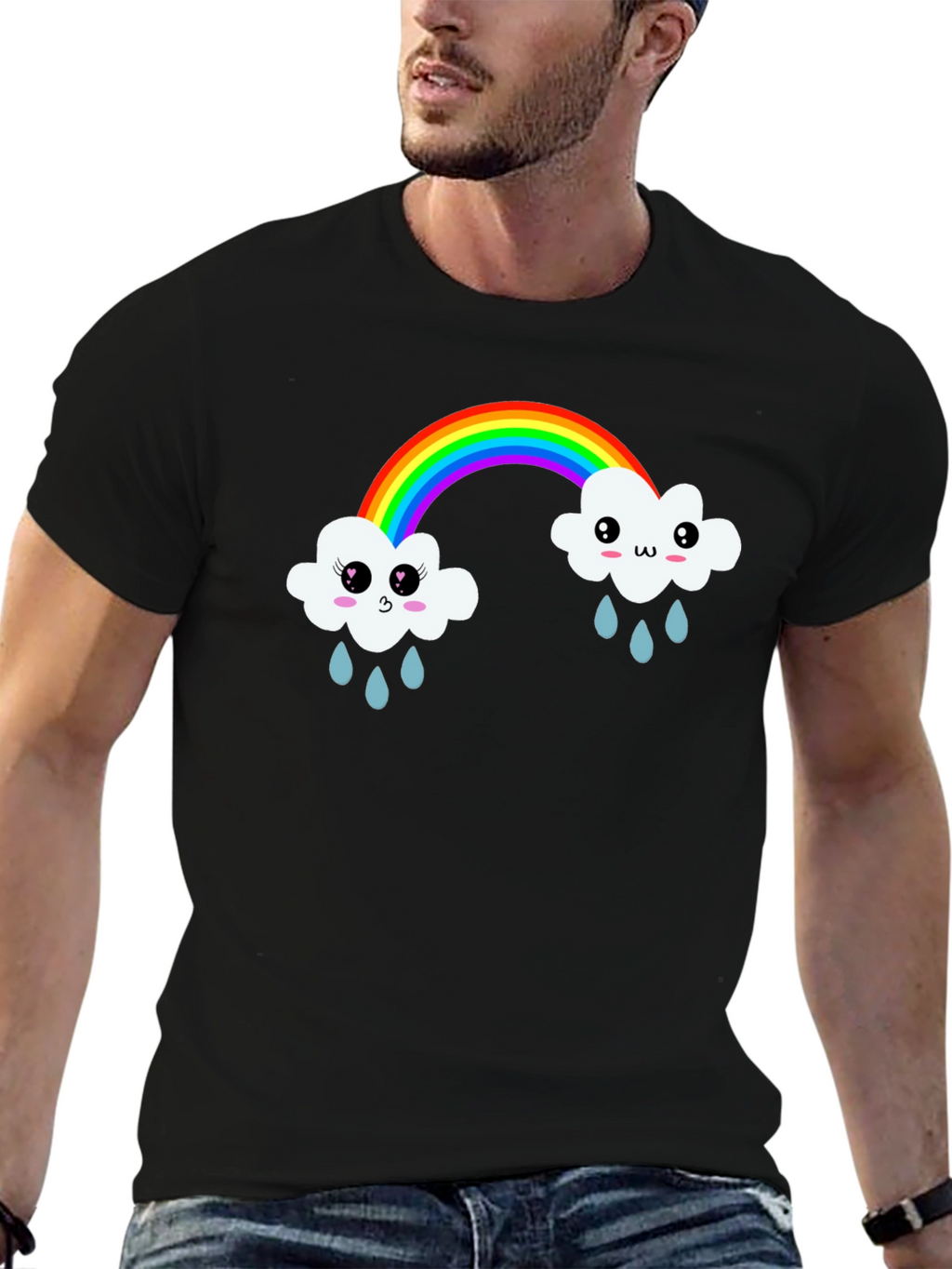Kawaii Rainbow Cloud Black T-Shirt