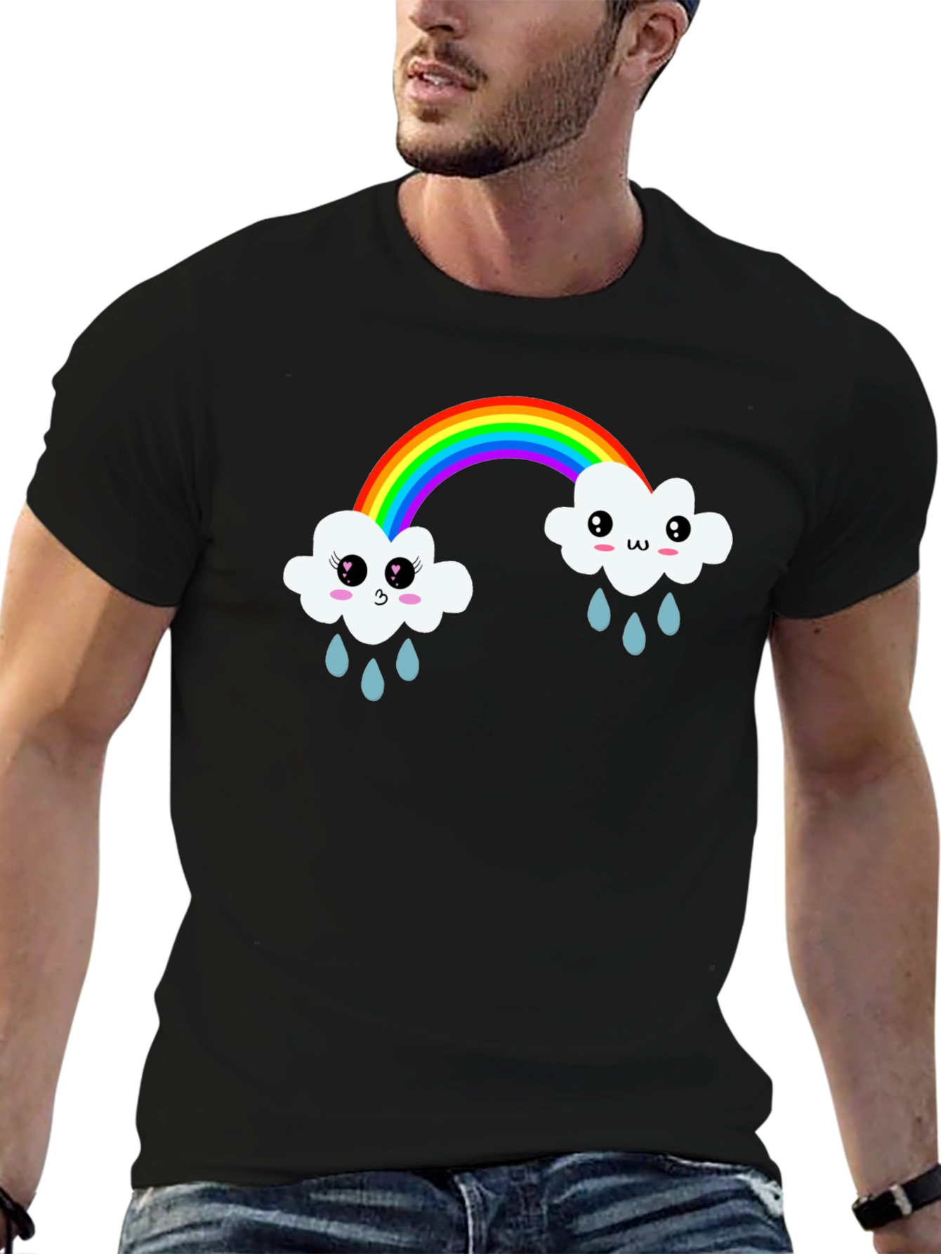 Kawaii Rainbow Cloud Black T-Shirt