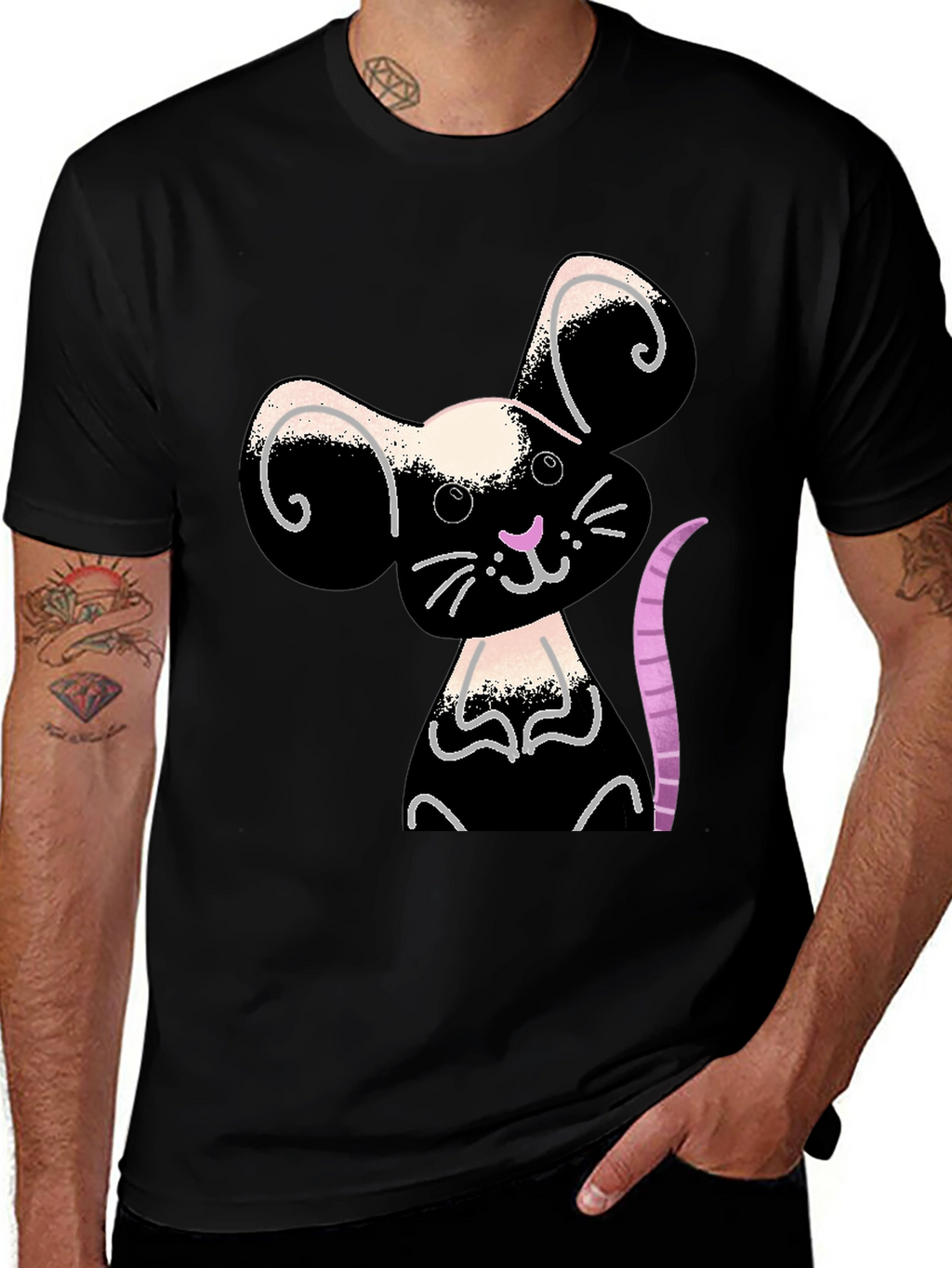 Cute Cartoon Mouse Graphic Black T-Shirt
