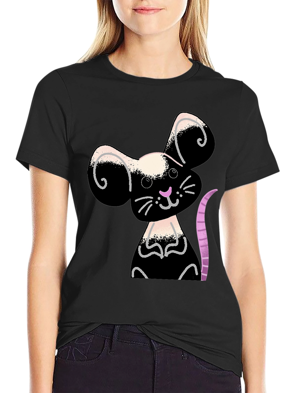 Cute Cartoon Mouse Graphic Black T-Shirt