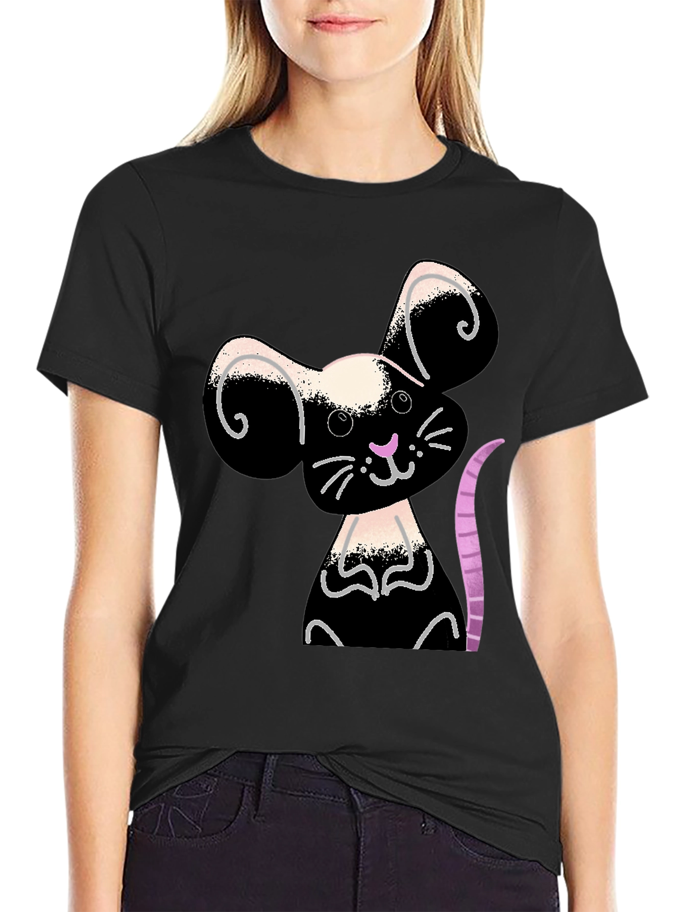 Cute Cartoon Mouse Graphic Black T-Shirt