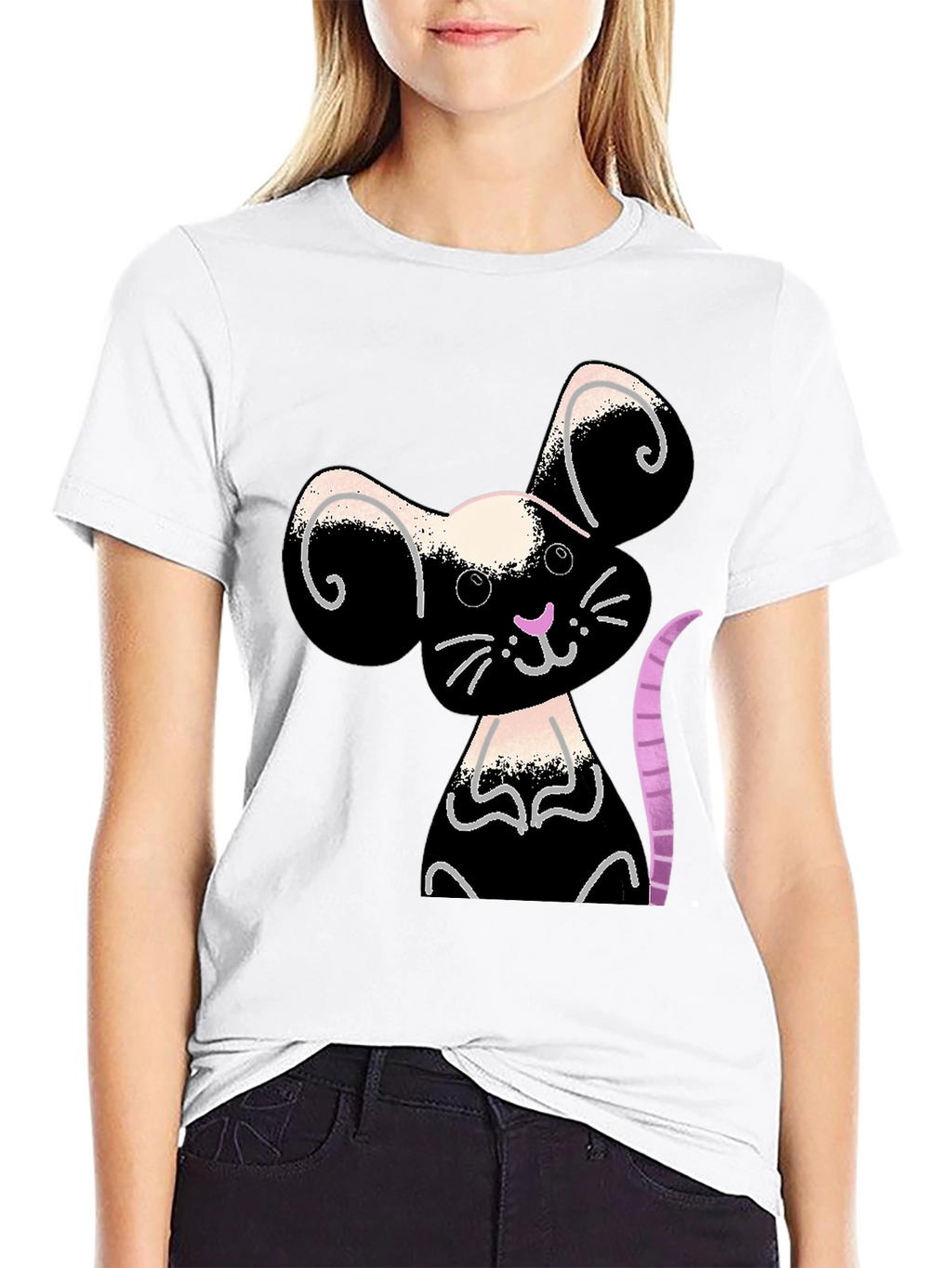 Cute Cartoon Mouse Graphic Black T-Shirt