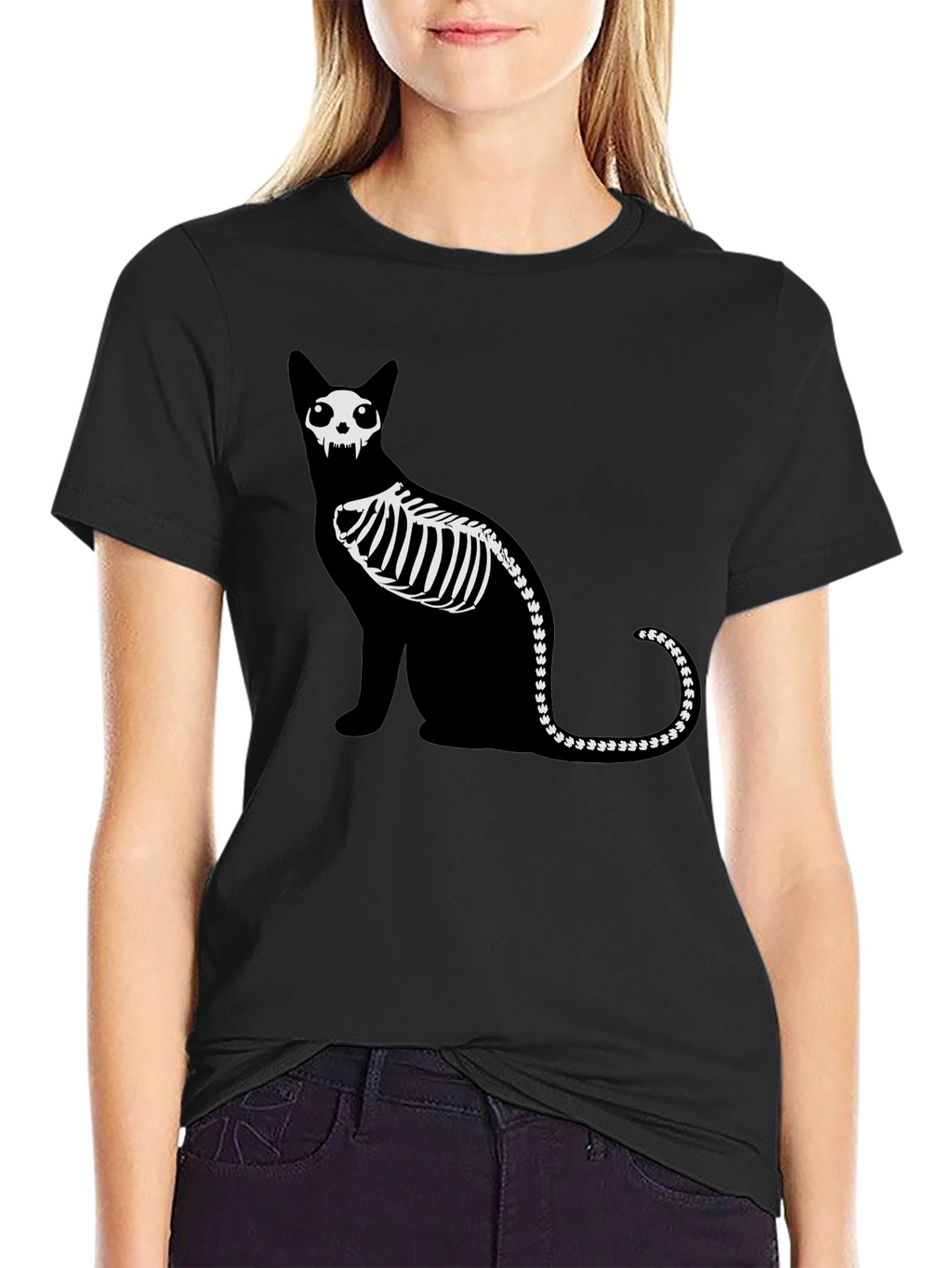 Skeleton Cat Graphic Tee - Black Cotton Shirt
