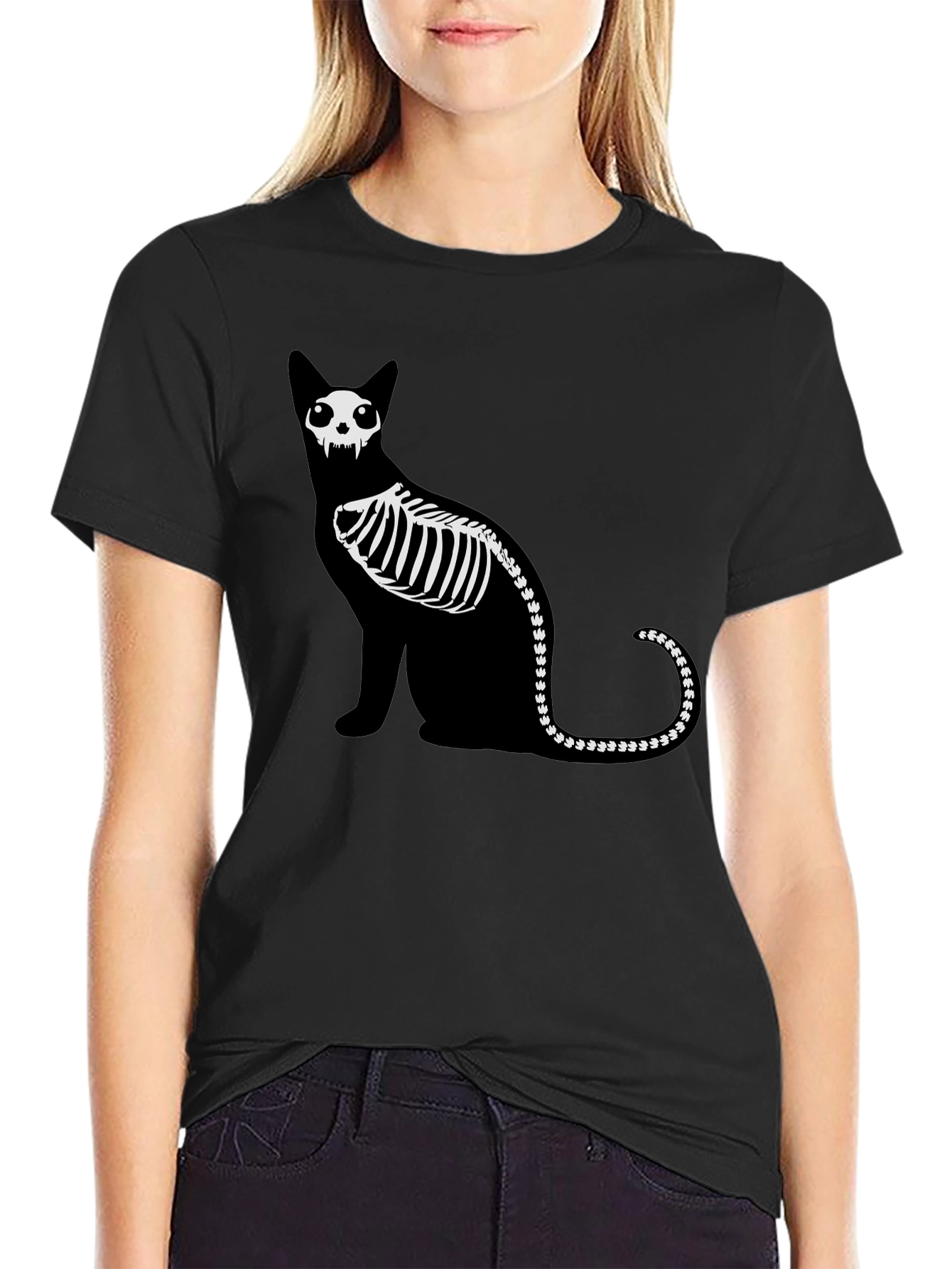 Skeleton Cat Graphic Tee - Black Cotton Shirt