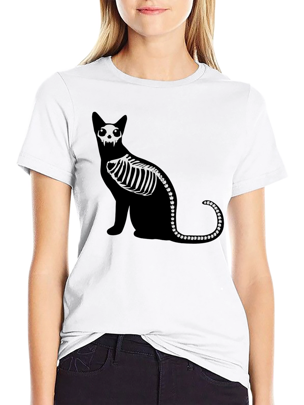 Skeleton Cat Graphic Tee - Black Cotton Shirt