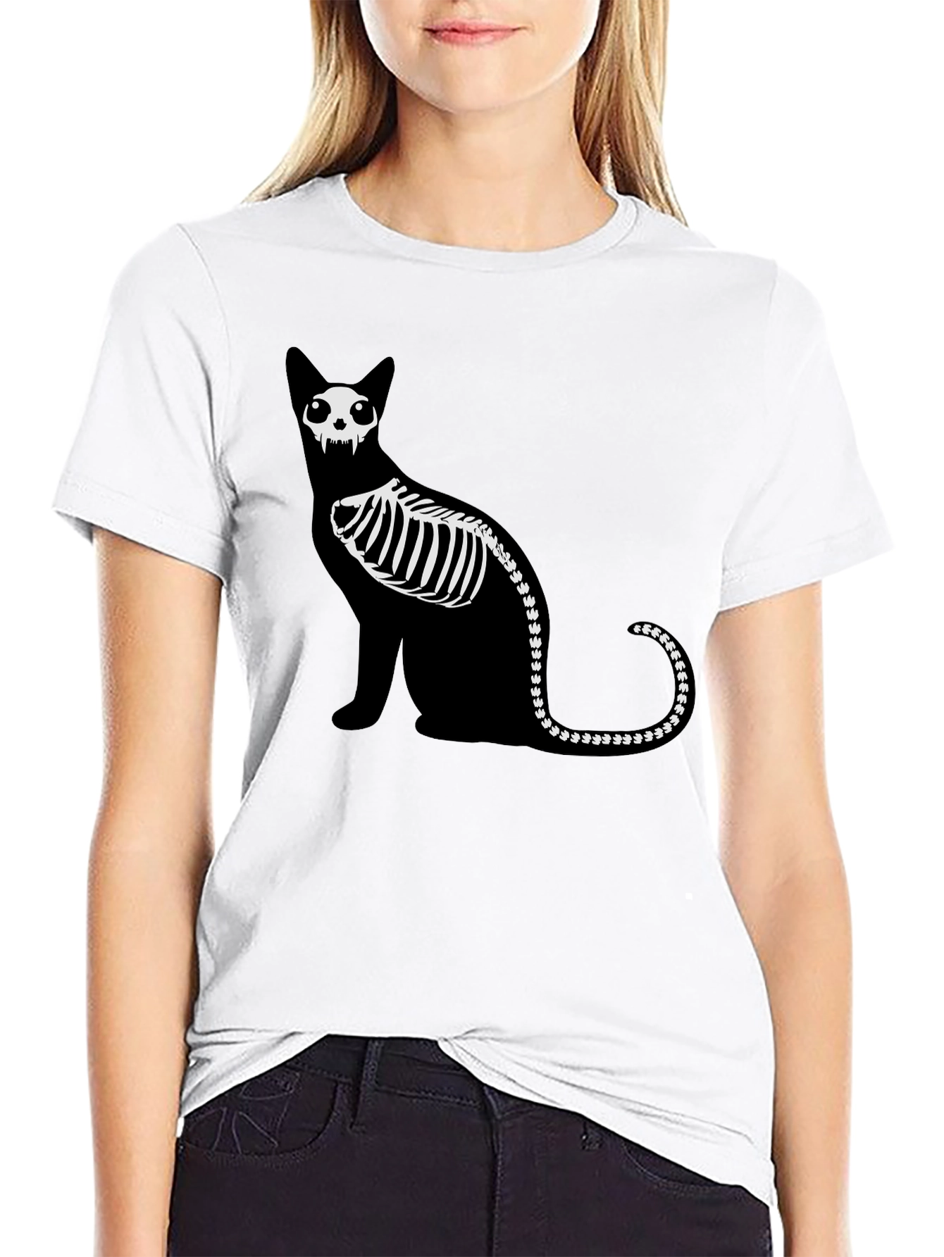 Skeleton Cat Graphic Tee - Black Cotton Shirt