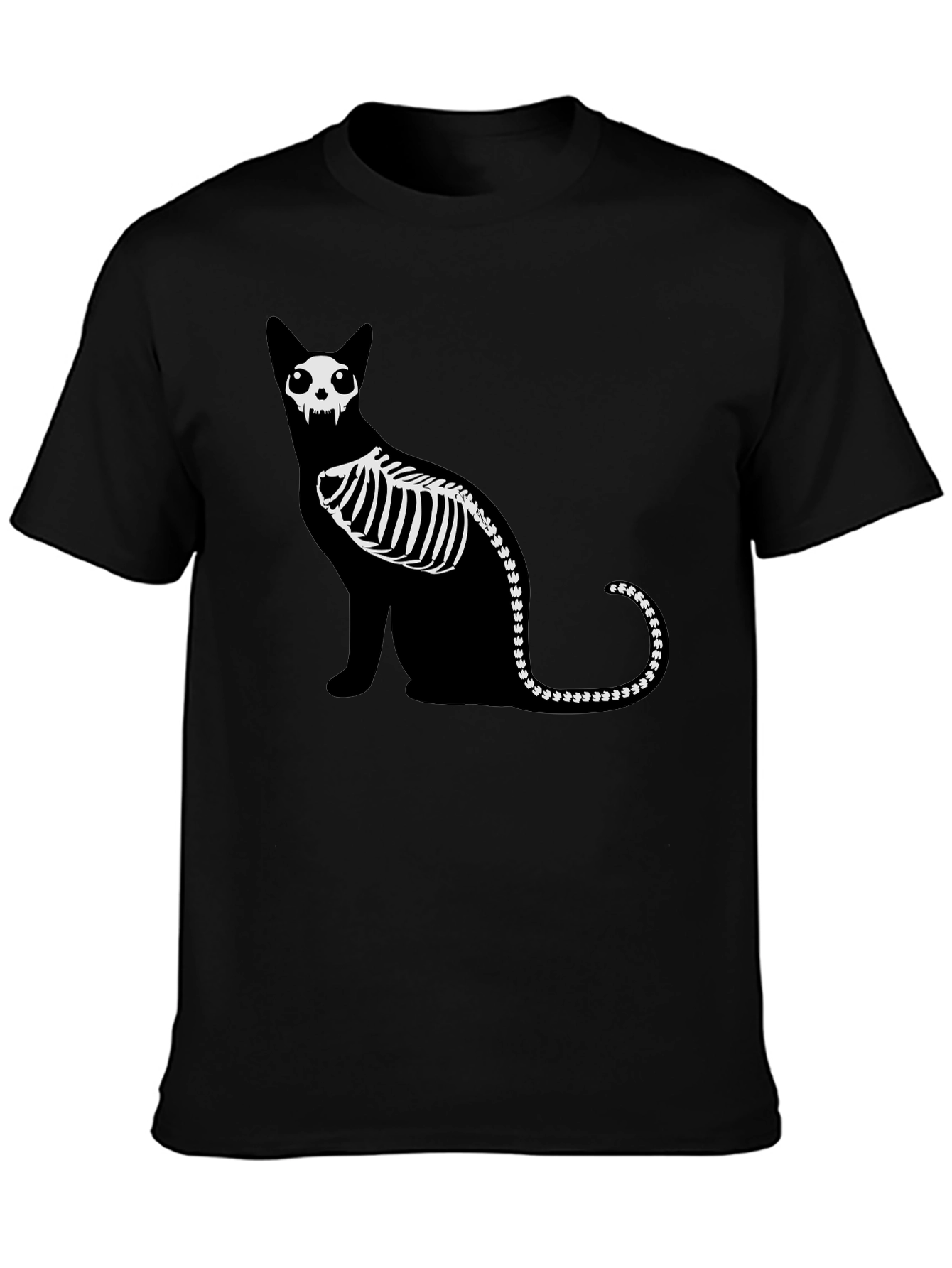 Skeleton Cat Graphic Tee - Black Cotton Shirt