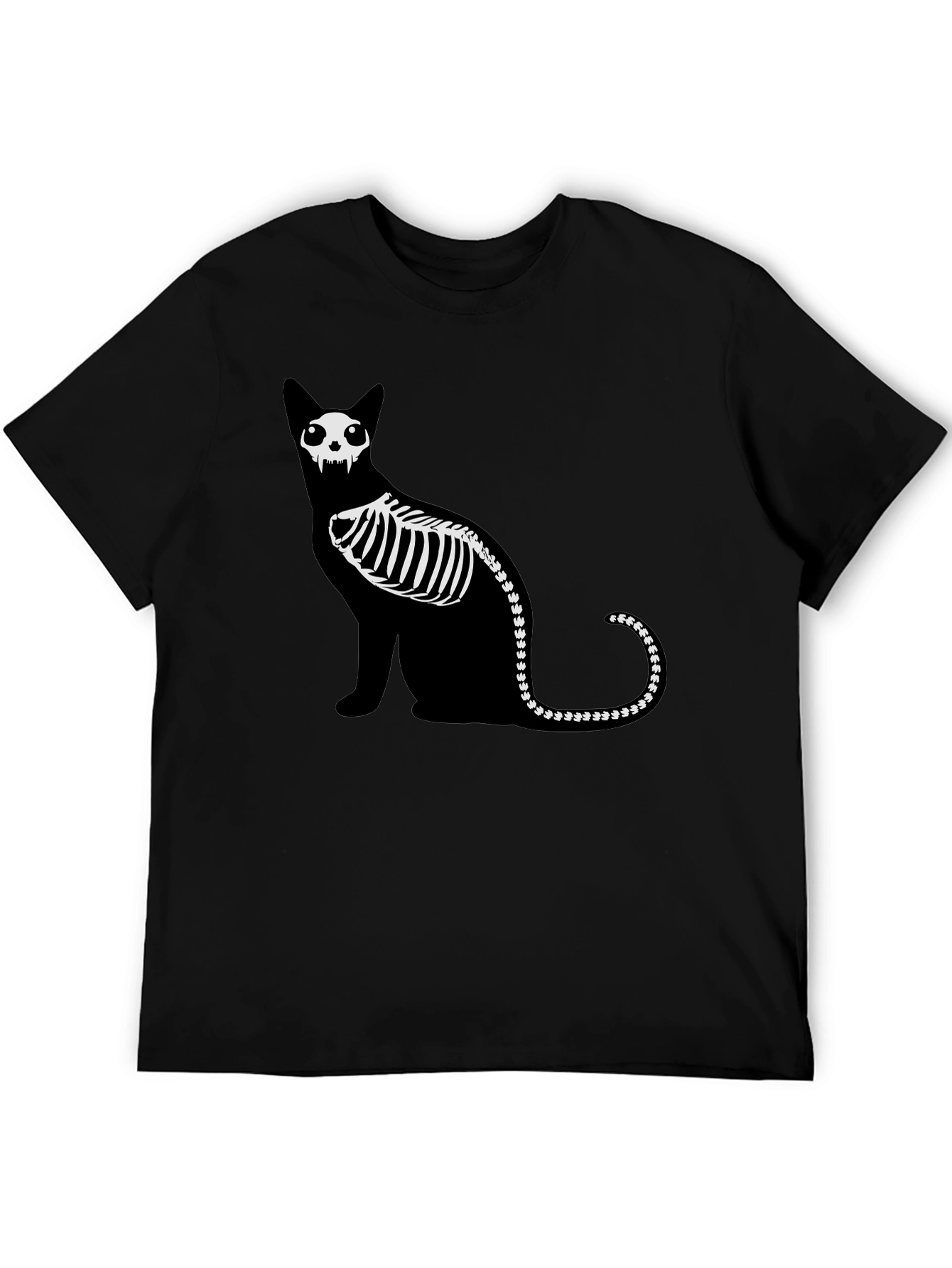 Skeleton Cat Graphic Tee - Black Cotton Shirt
