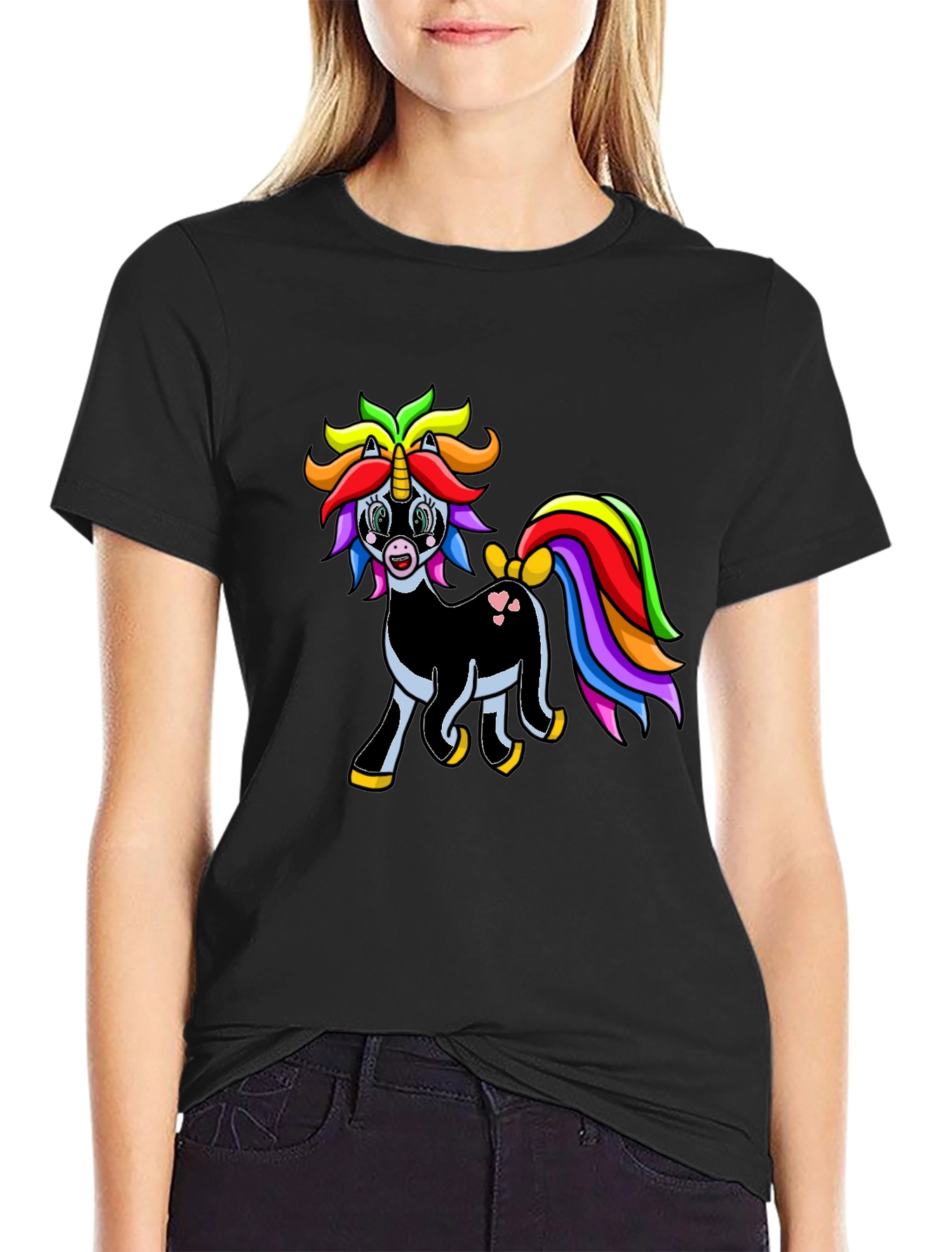 Rainbow Unicorn Graphic Tee - Black Cotton Shirt