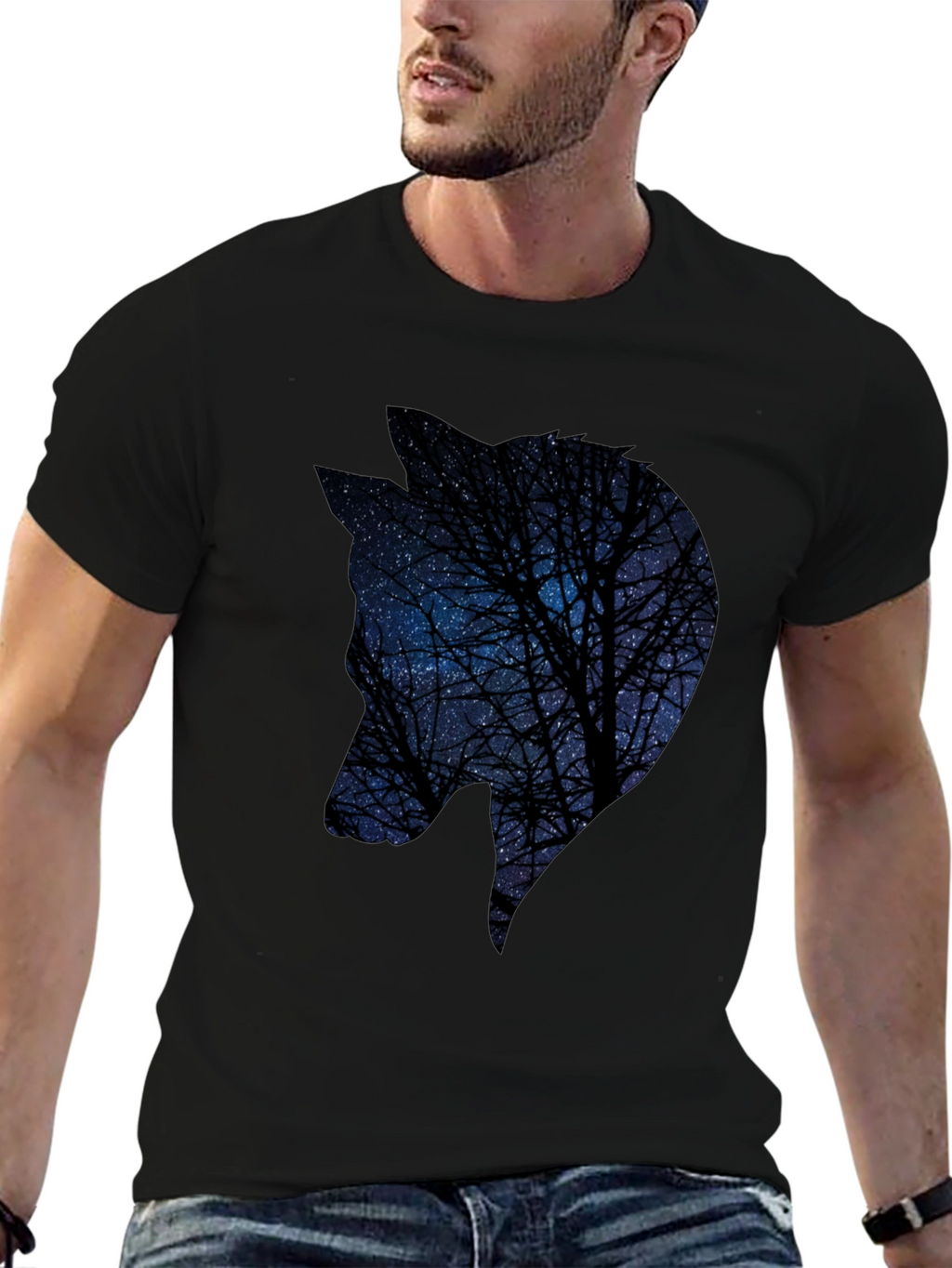 Night Sky Wolf Graphic Tee - Black Cotton Blend