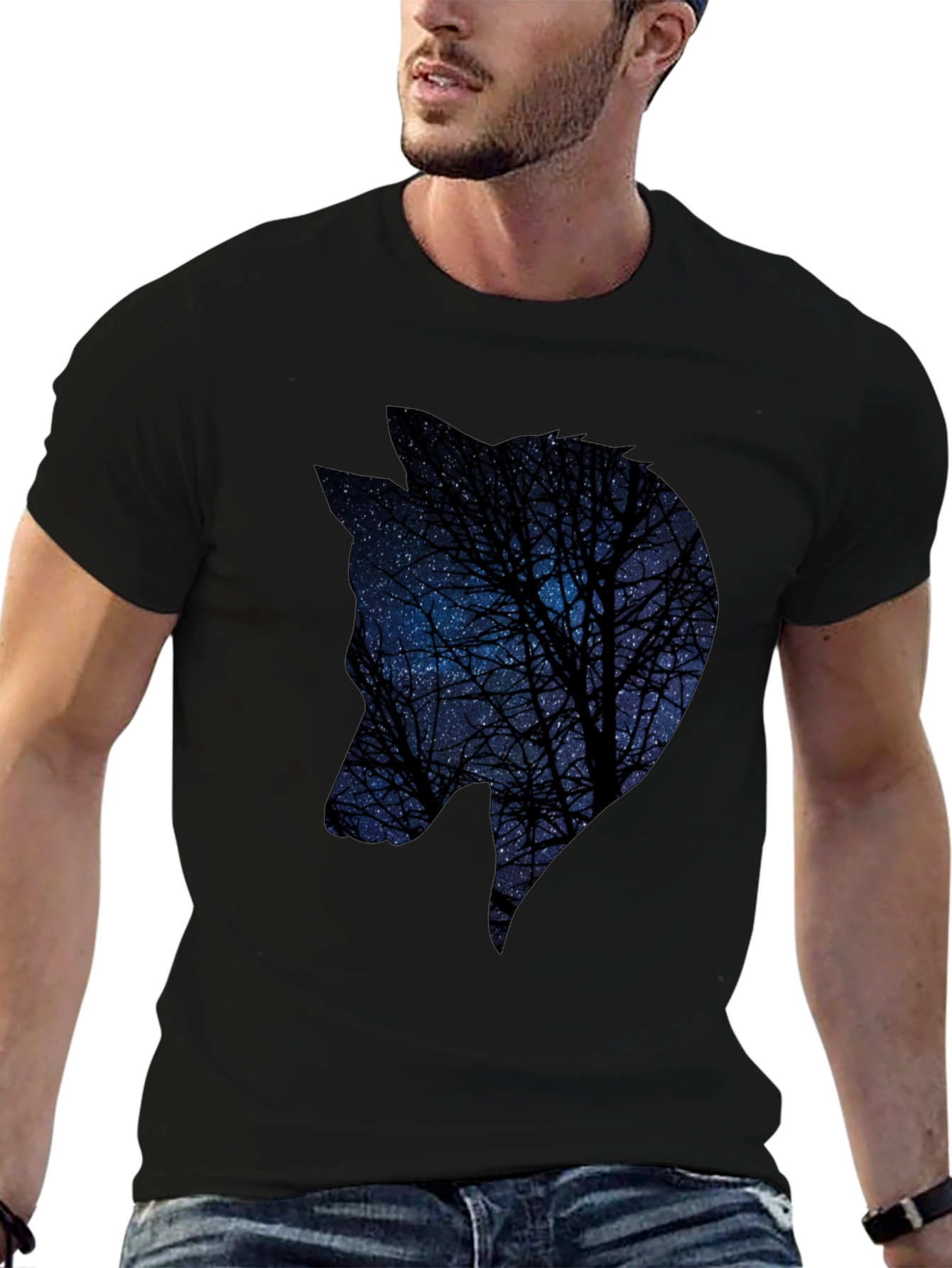 Night Sky Wolf Graphic Tee - Black Cotton Blend