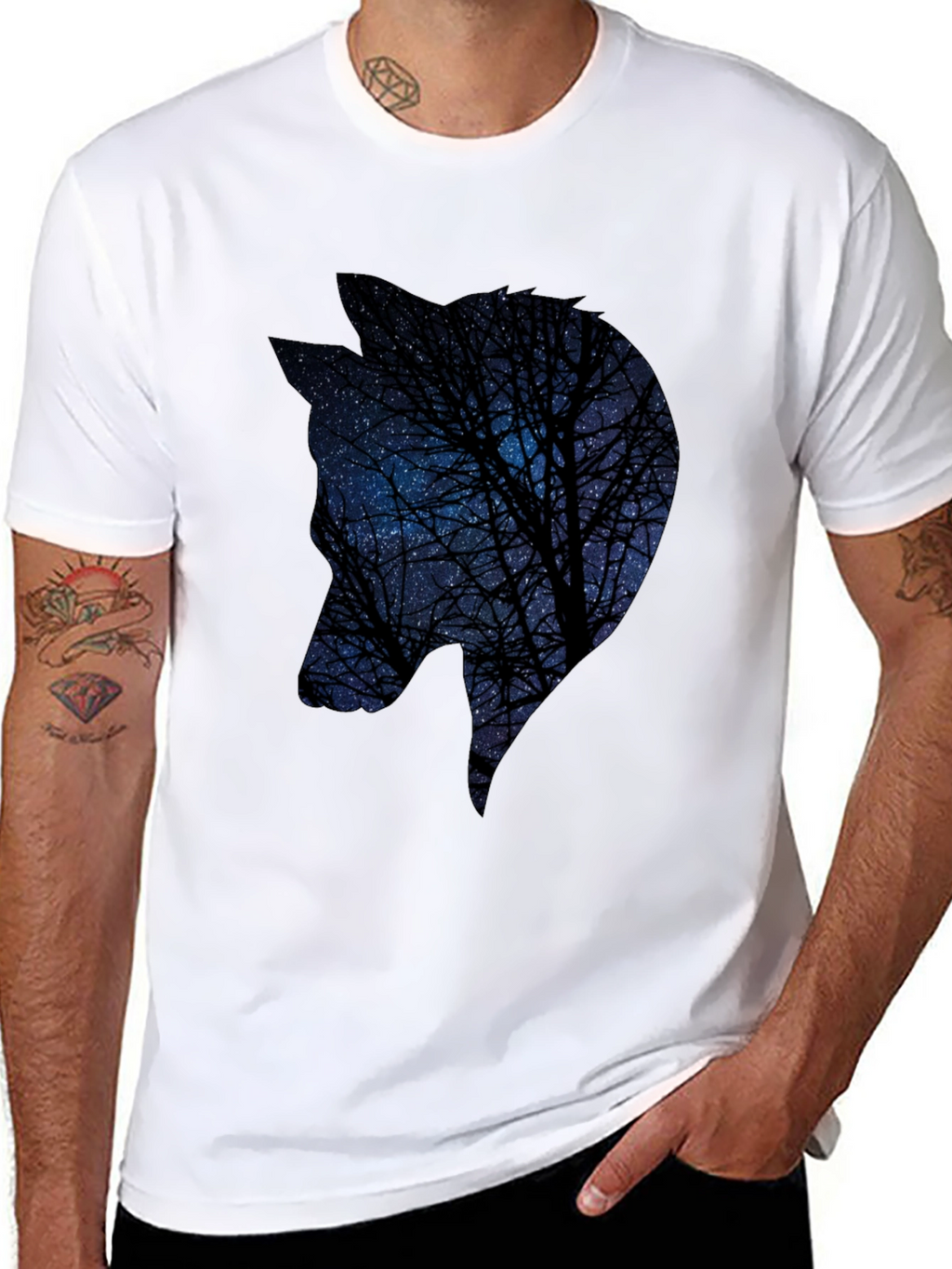 Night Sky Wolf Graphic Tee - Black Cotton Blend
