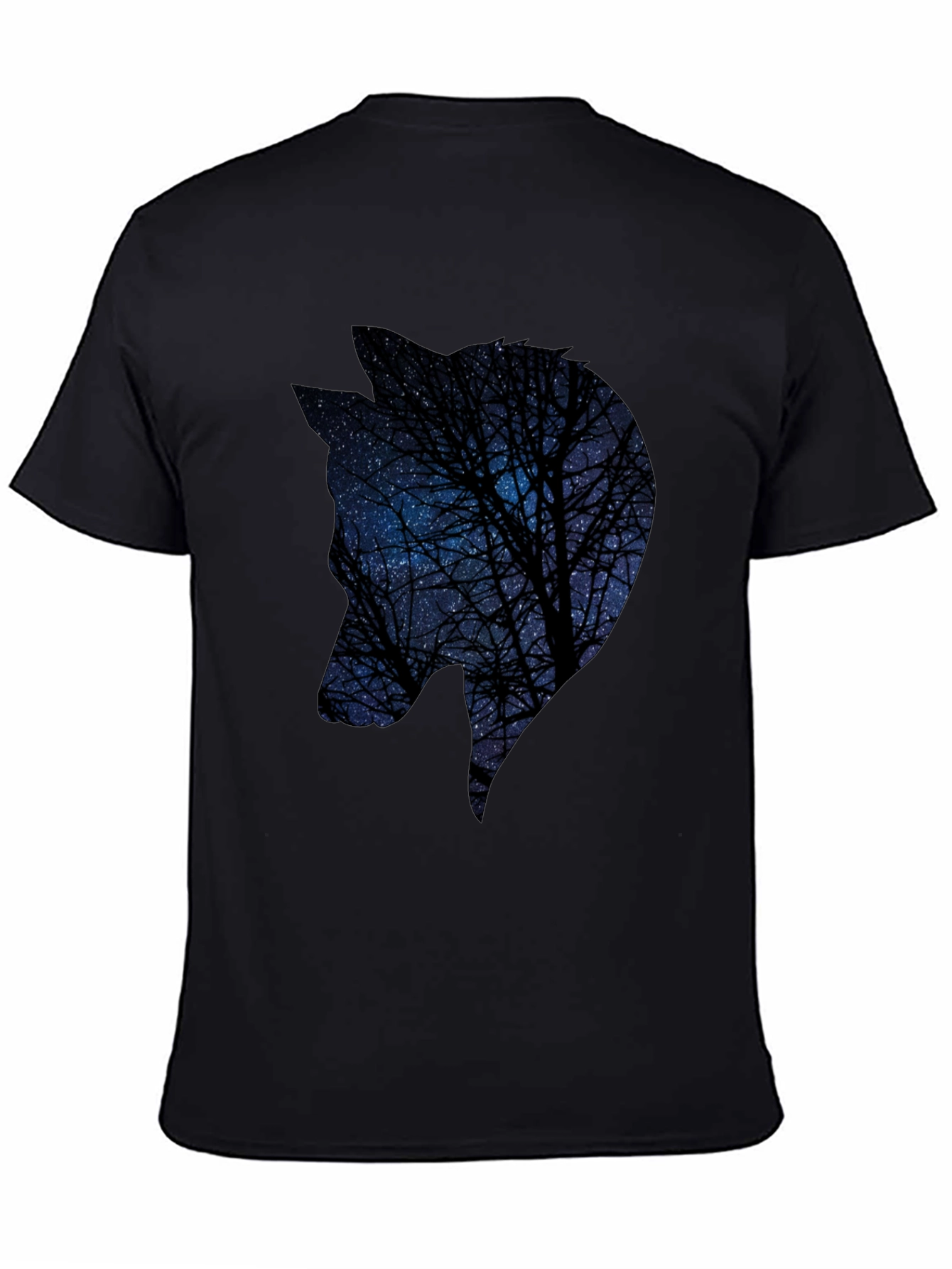 Night Sky Wolf Graphic Tee - Black Cotton Blend