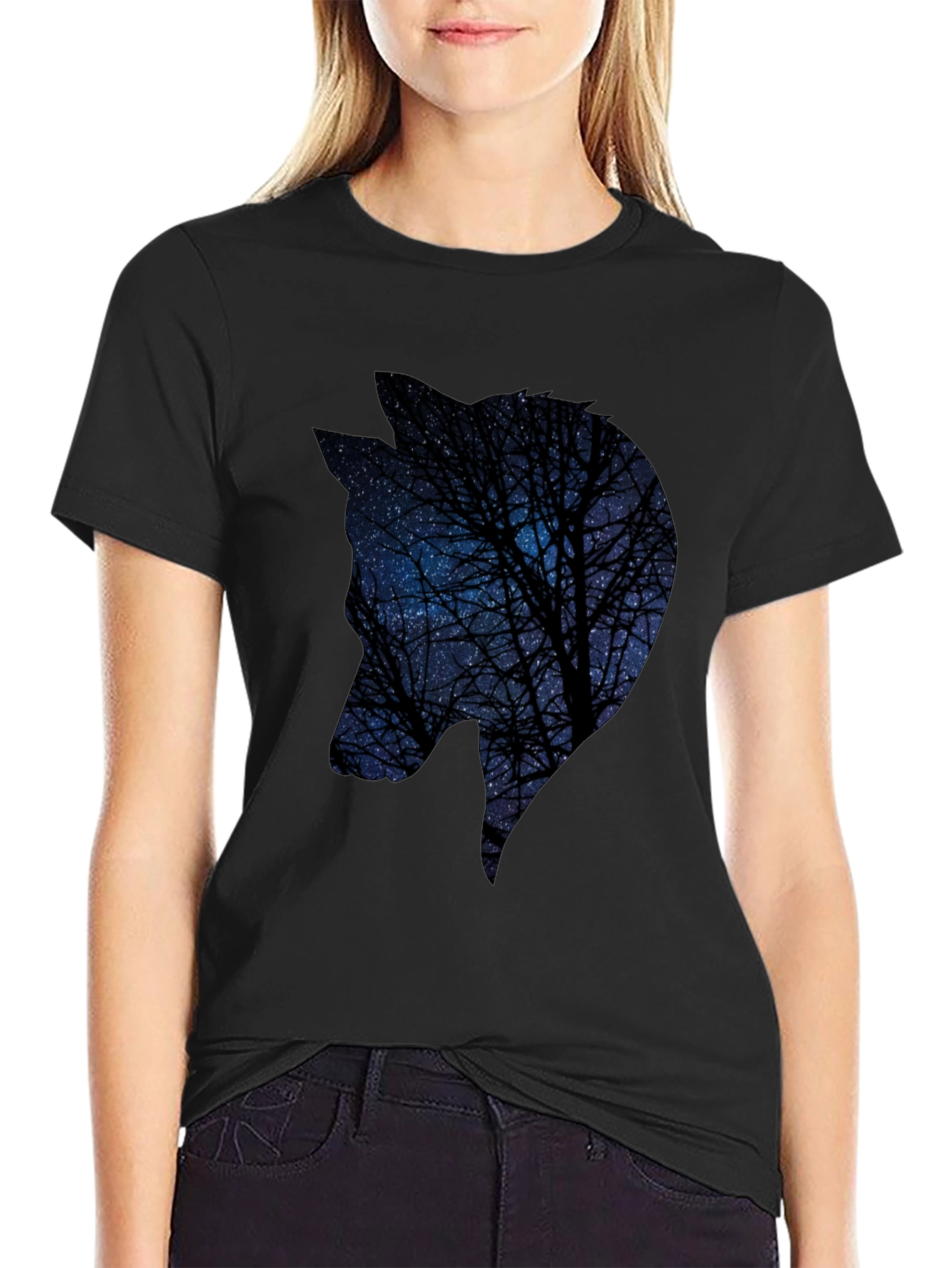 Night Sky Wolf Graphic Tee - Black Cotton Blend