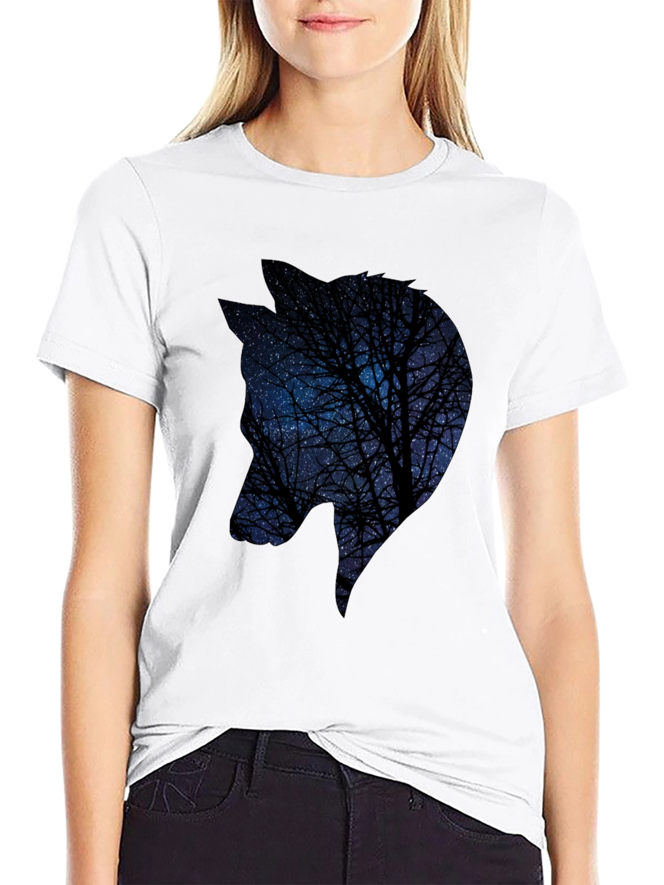 Night Sky Wolf Graphic Tee - Black Cotton Blend