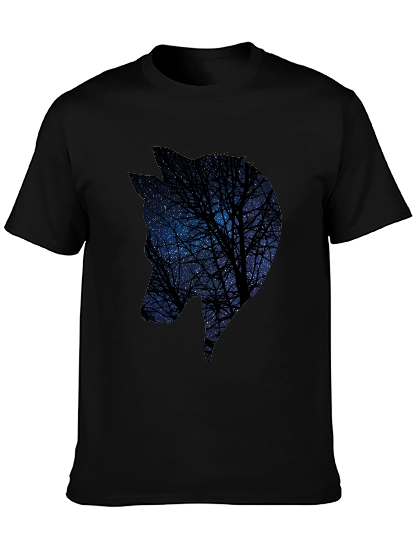 Night Sky Wolf Graphic Tee - Black Cotton Blend