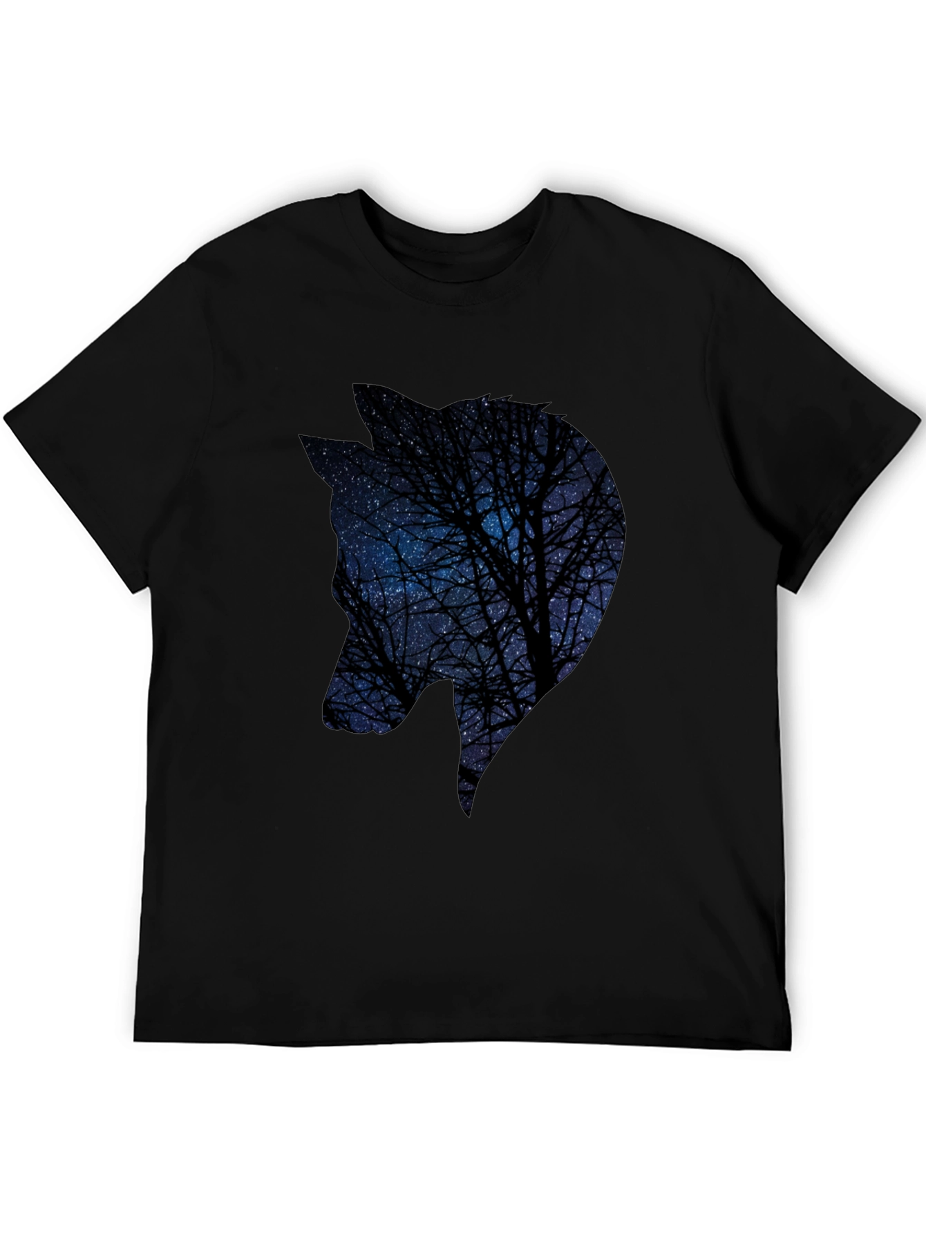 Night Sky Wolf Graphic Tee - Black Cotton Blend
