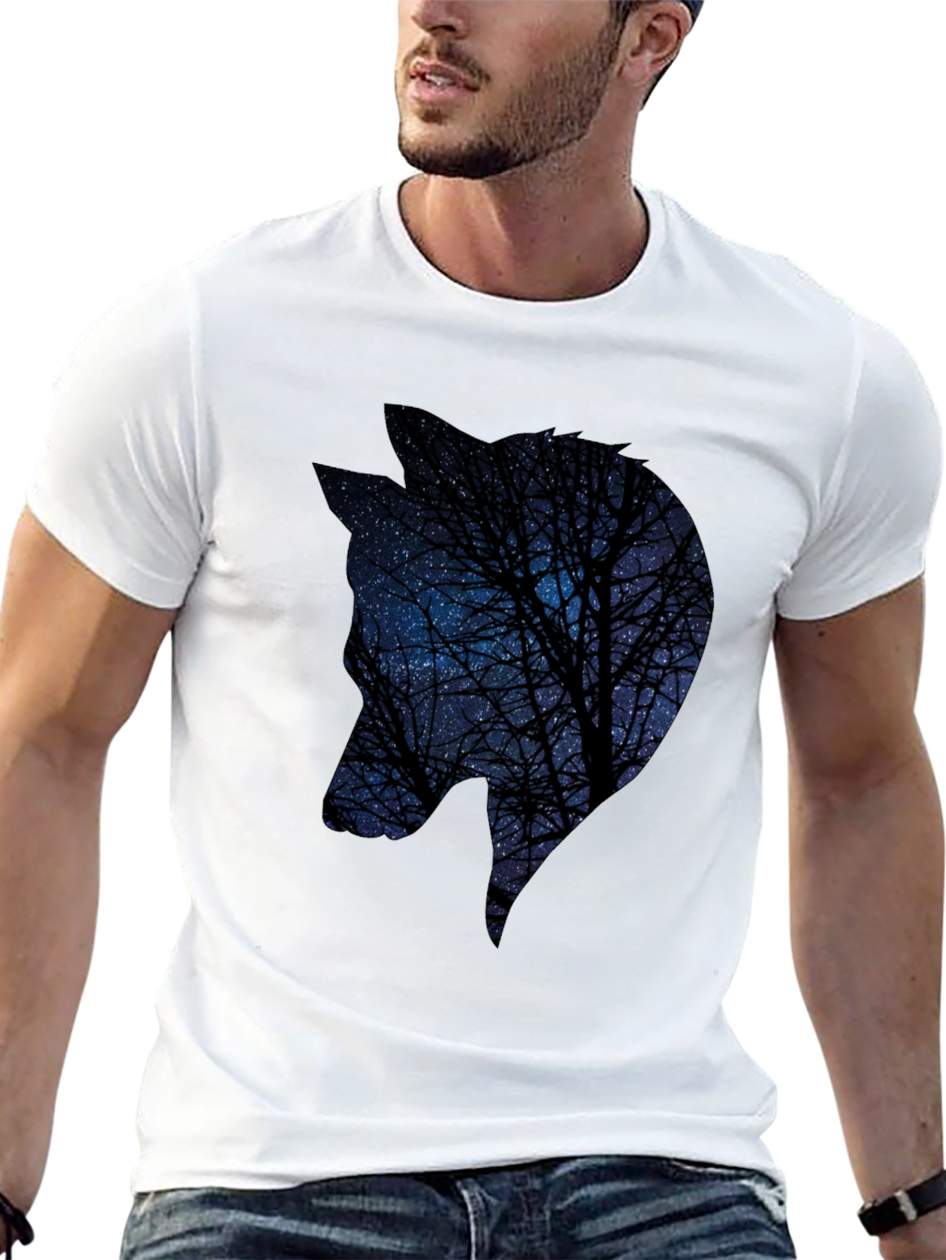 Night Sky Wolf Graphic Tee - Black Cotton Blend