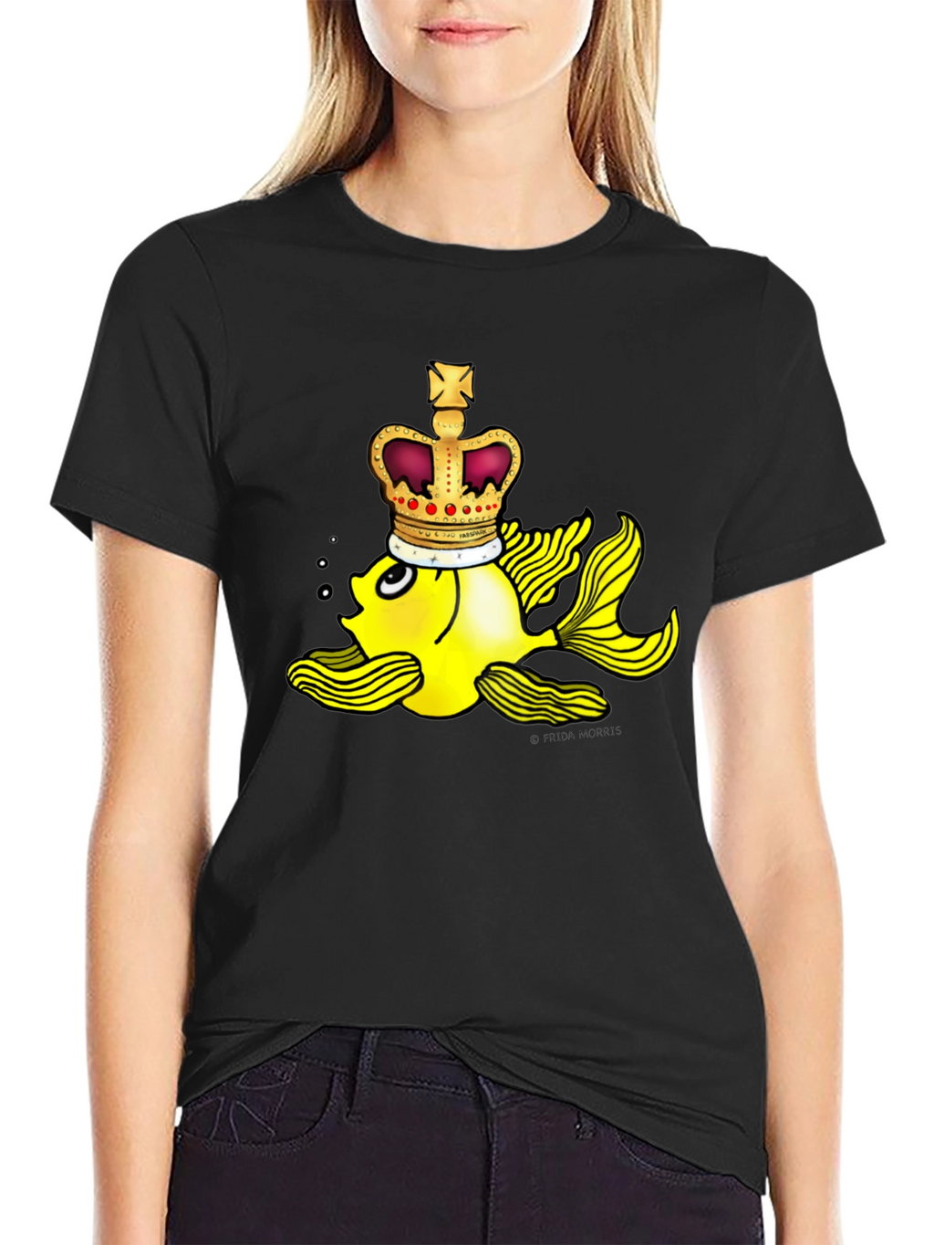 Crown Goldfish Graphic Tee - Novelty Black T-Shirt