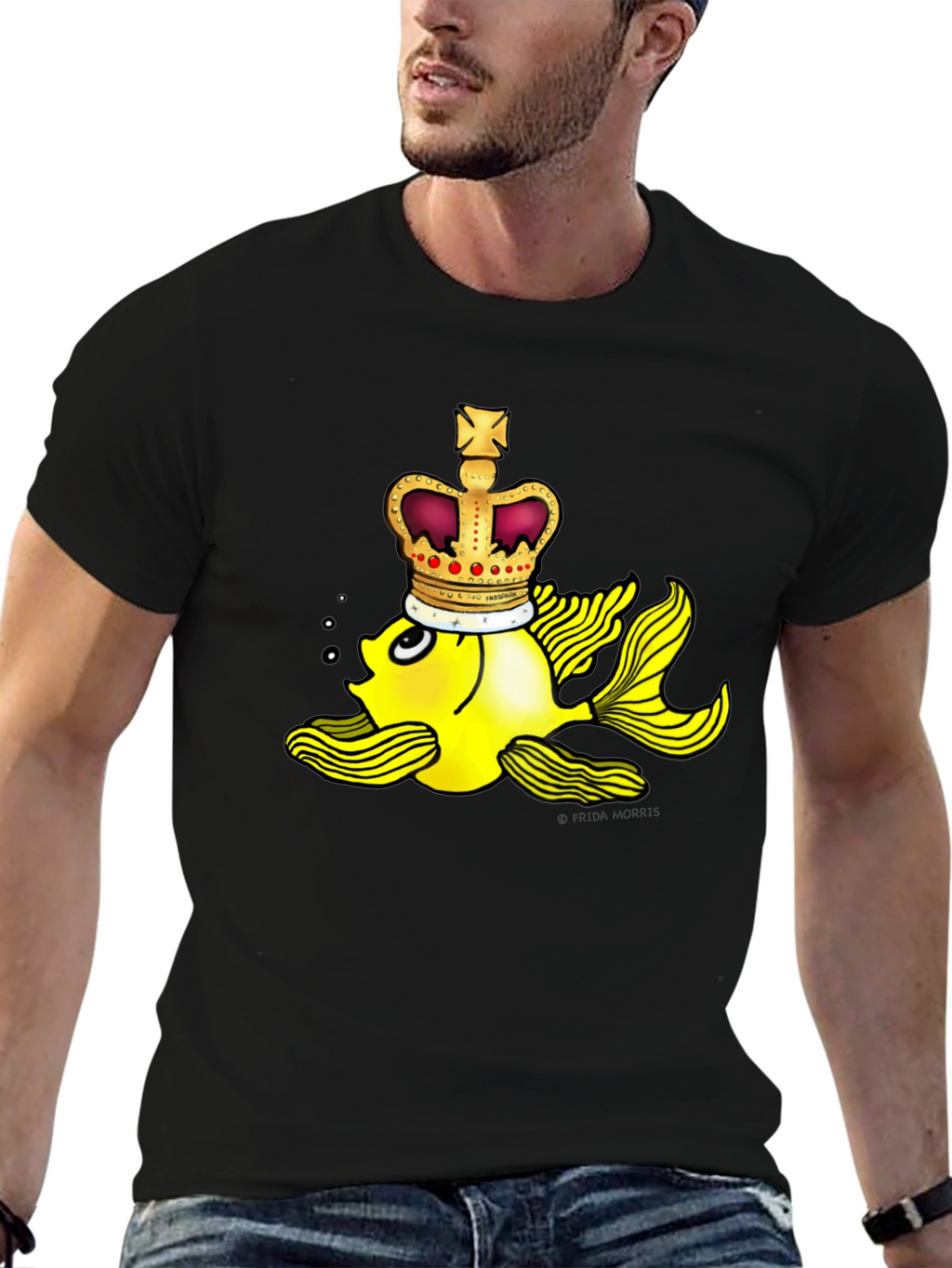 Crown Goldfish Graphic Tee - Novelty Black T-Shirt