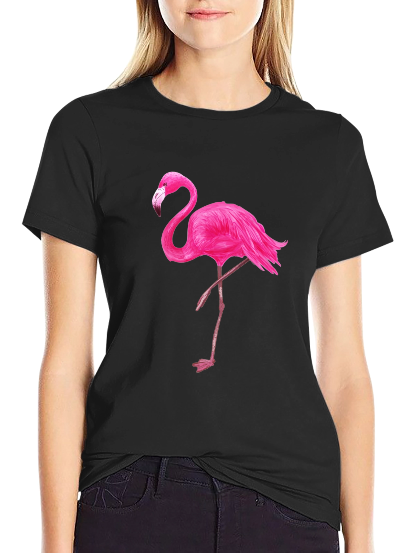 Black T-Shirt with Pink Flamingo Graphic