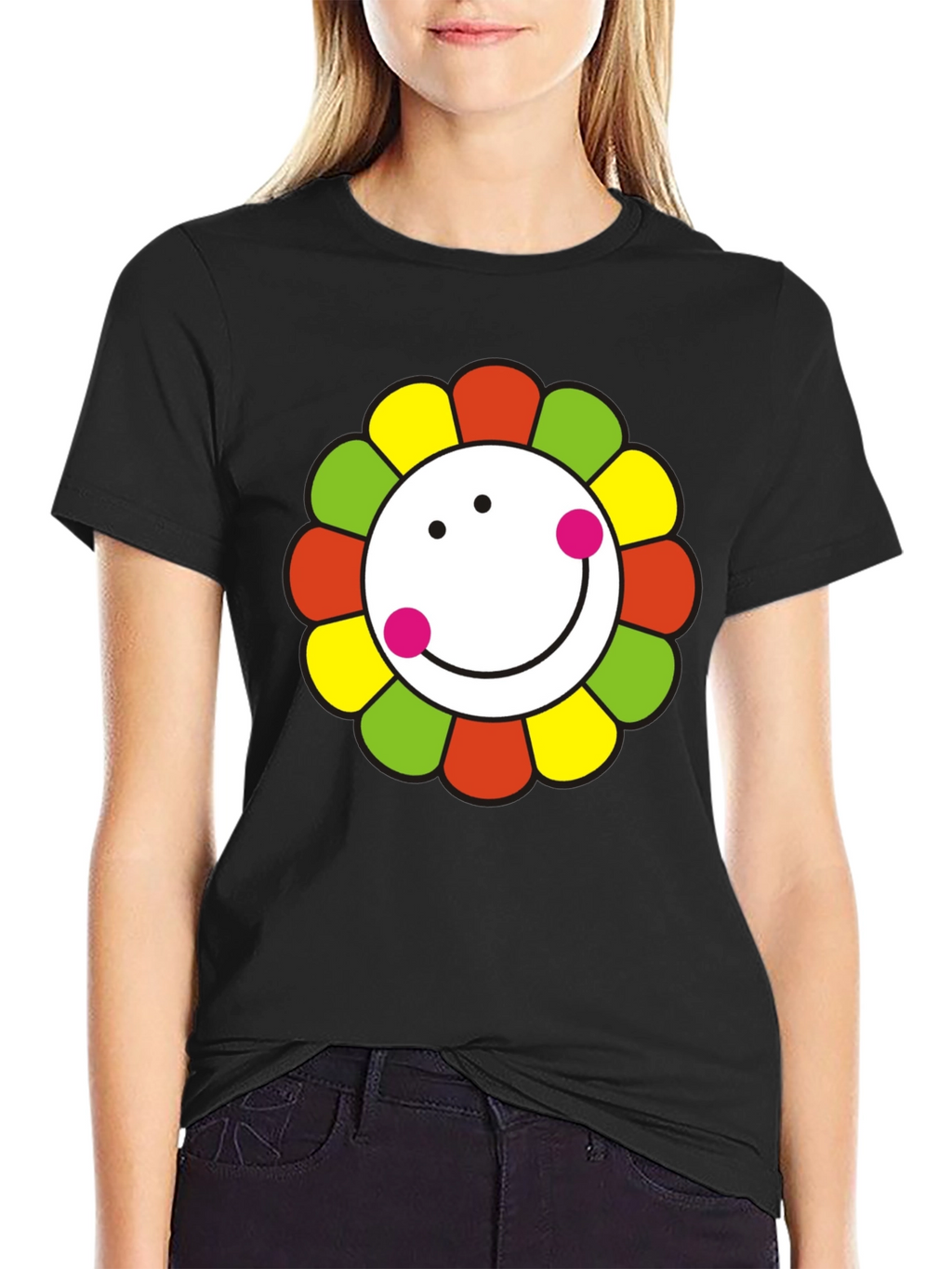 Smiley Flower Graphic T-Shirt - Black Cotton Tee