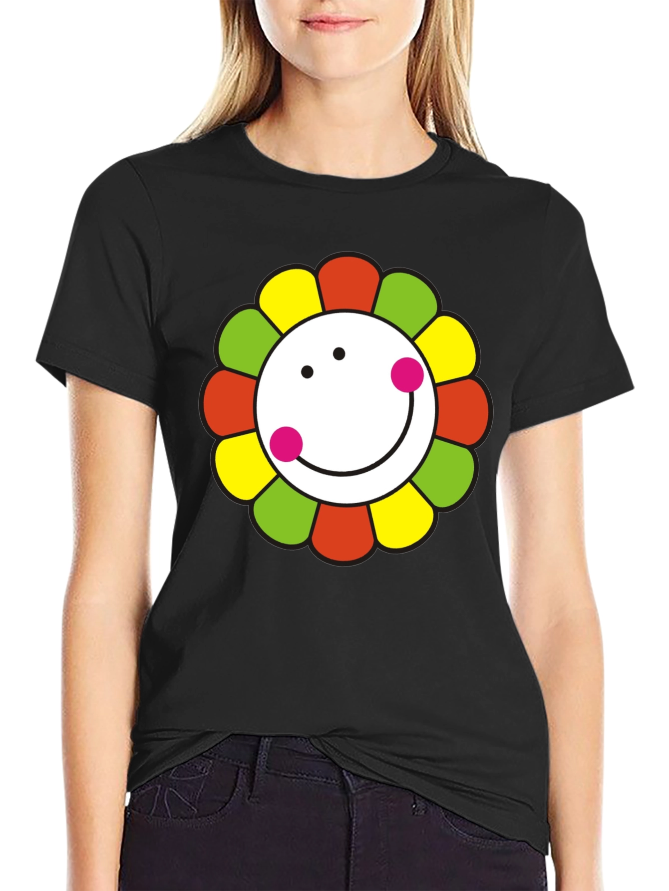 Smiley Flower Graphic T-Shirt - Black Cotton Tee